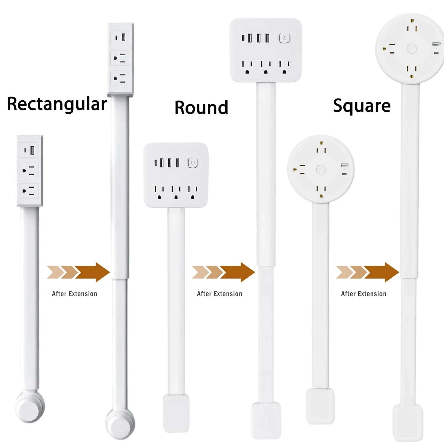 3 Style Retractable Sockets in Various Shapes US Plug Power Strip with AC Outlets USB Port(USB-A/C),Adjustable Electrical Outlet Extender Stick,Multi Socket Wall Socket Universal for Hard-to-Reach Wall Outlets Behind Couch,Be-WHITE / Round /