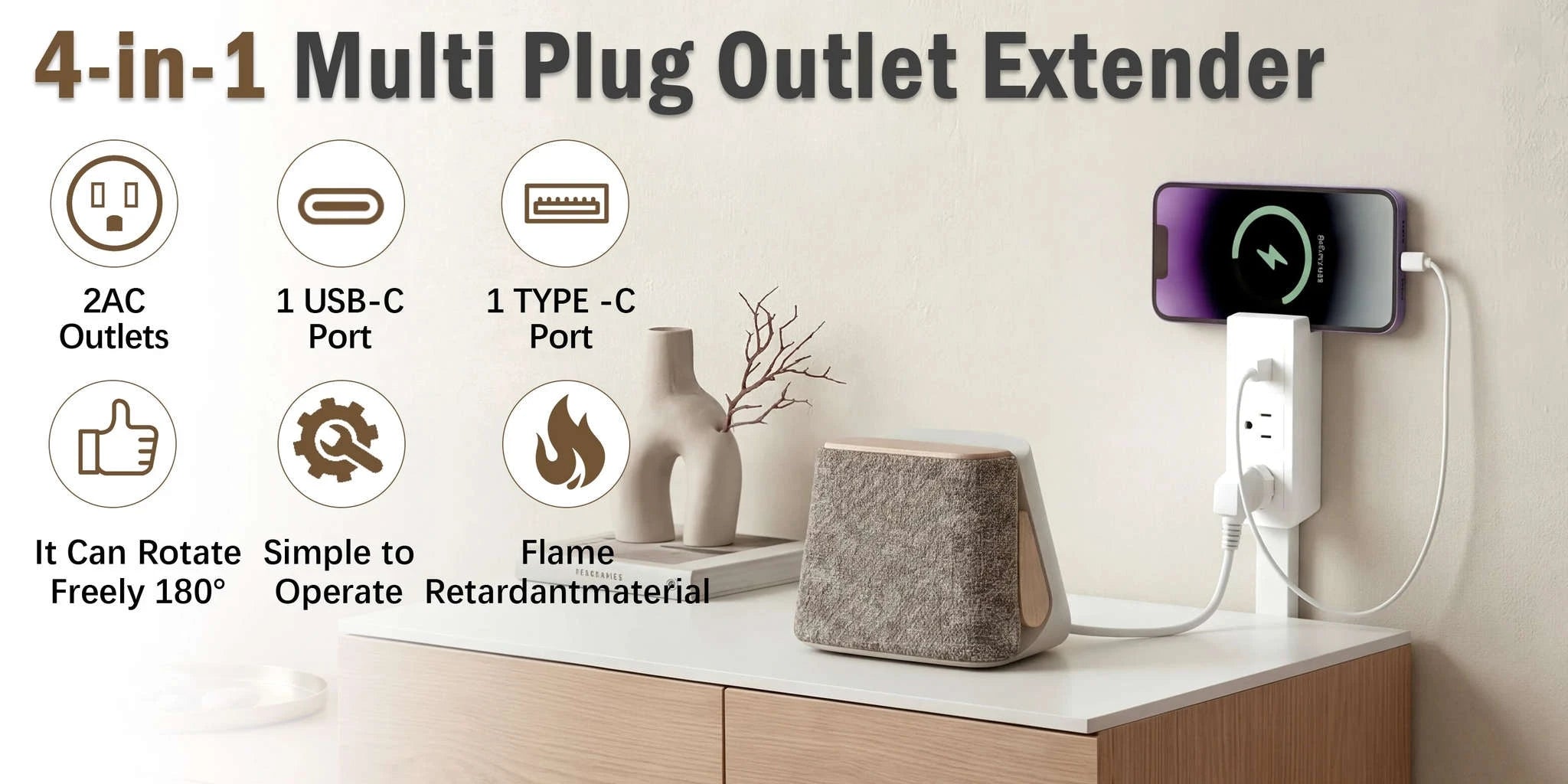 3 Style Retractable Sockets in Various Shapes US Plug Power Strip with AC Outlets USB Port(USB-A/C),Adjustable Electrical Outlet Extender Stick,Multi Socket Wall Socket Universal for Hard-to-Reach Wall Outlets Behind Couch,Be-WHITE / Round /