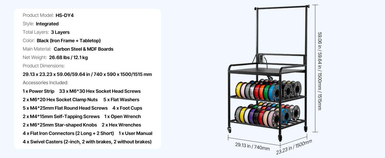 3-Tier 3D Printer Filament Storage Rack with Wheels & Power-3 Tier / United States