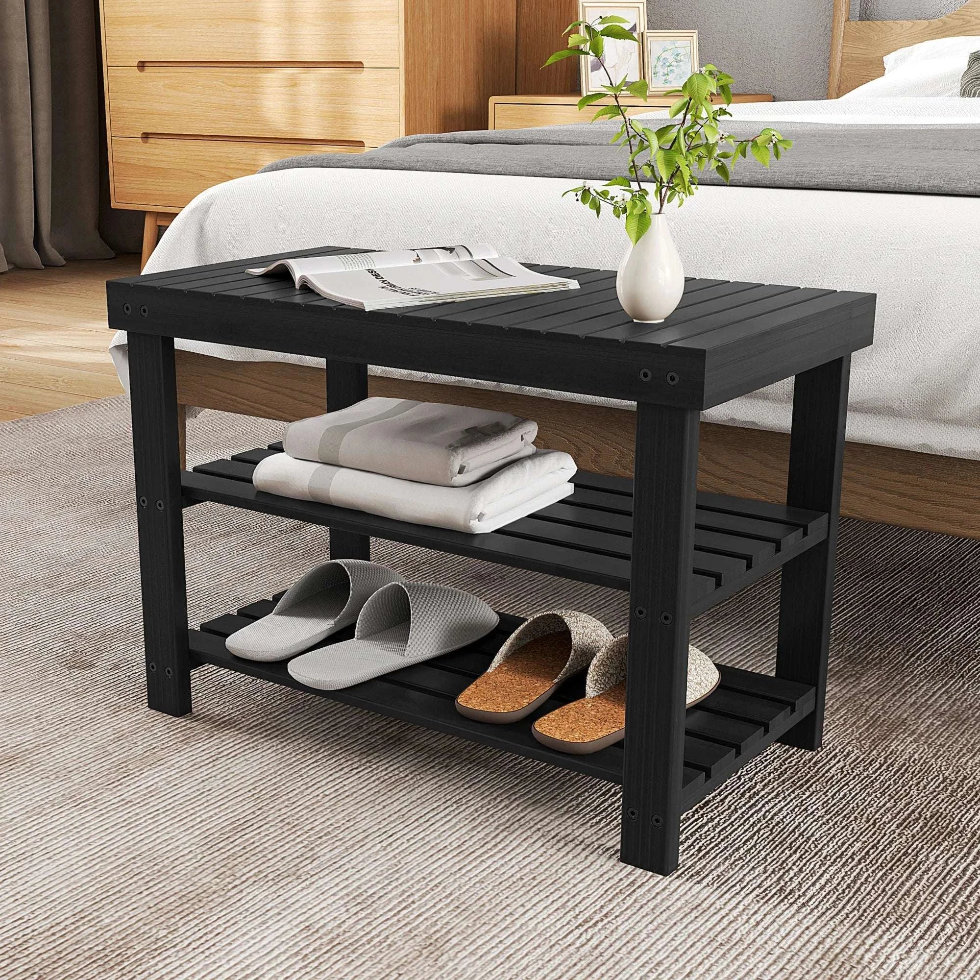 3-Tier Bamboo Shoe Rack Bench with Storage Holds 286 lb-black / United States