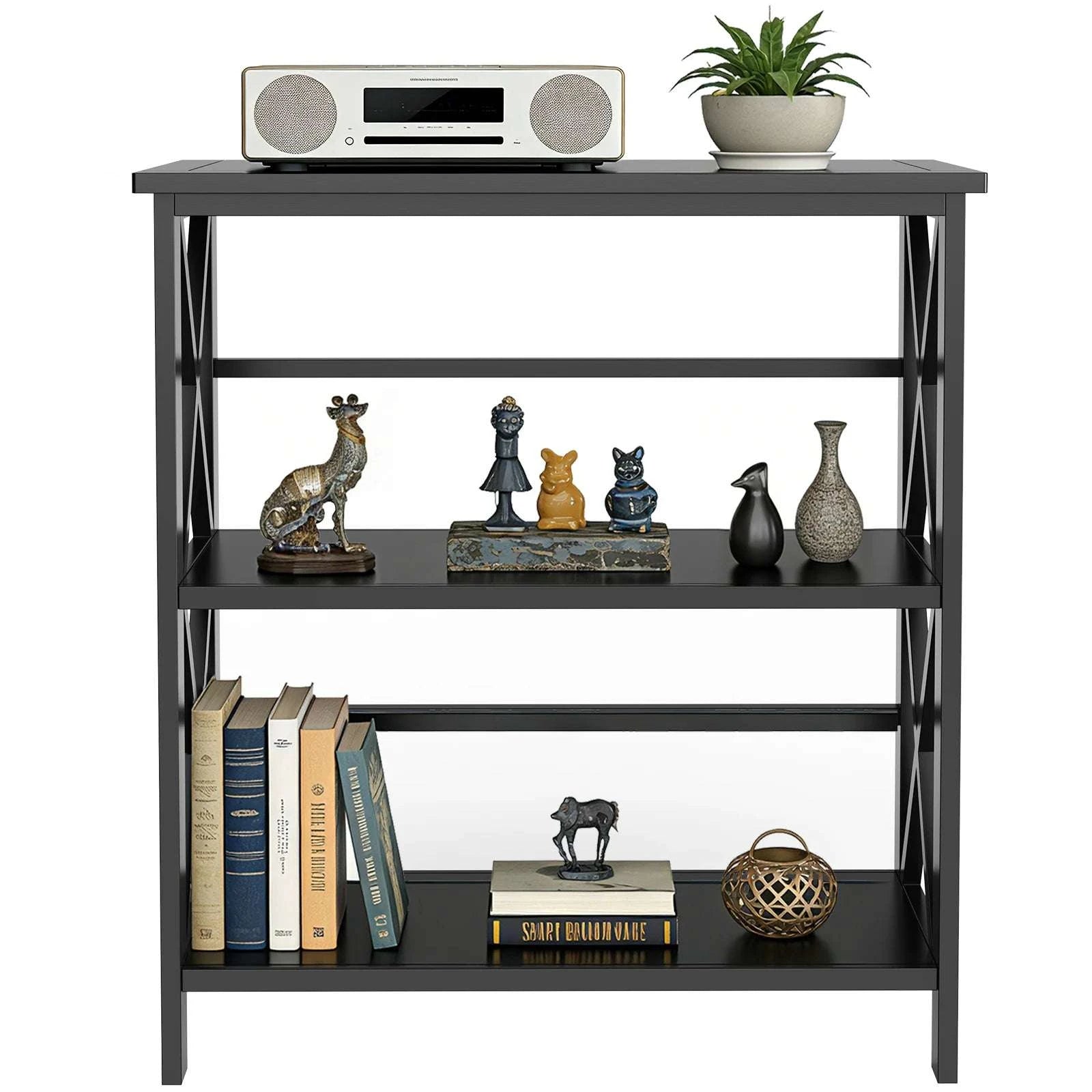 3 Tier Bookshelf Storage Rack with Heavy-Duty Shelves and X-Frame-black / United States