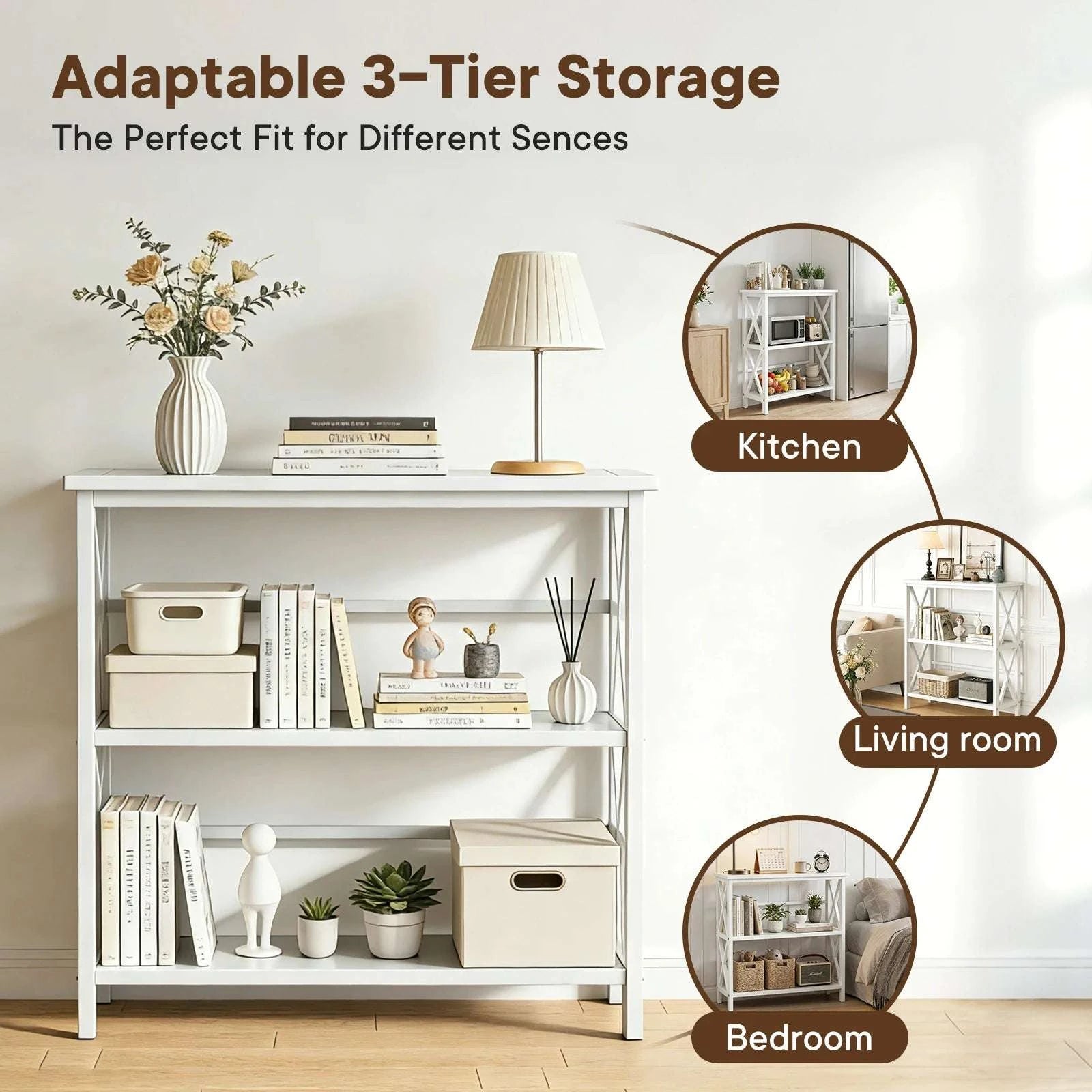 3 Tier Bookshelf Storage Rack with Heavy-Duty Shelves and X-Frame-black / United States