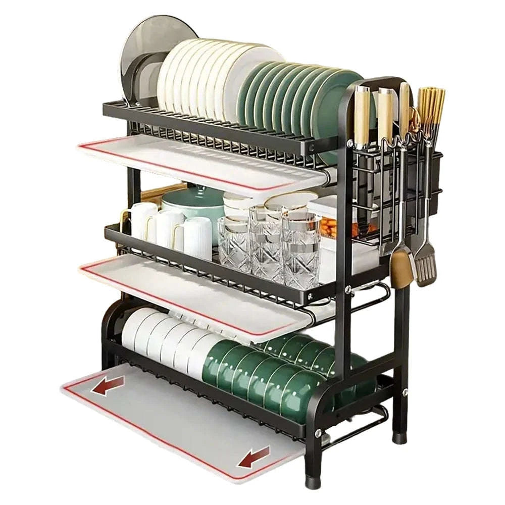 3-Tier Dish Drying Rack with Drainboard & Utensil Holders-black / france / 3-tier
