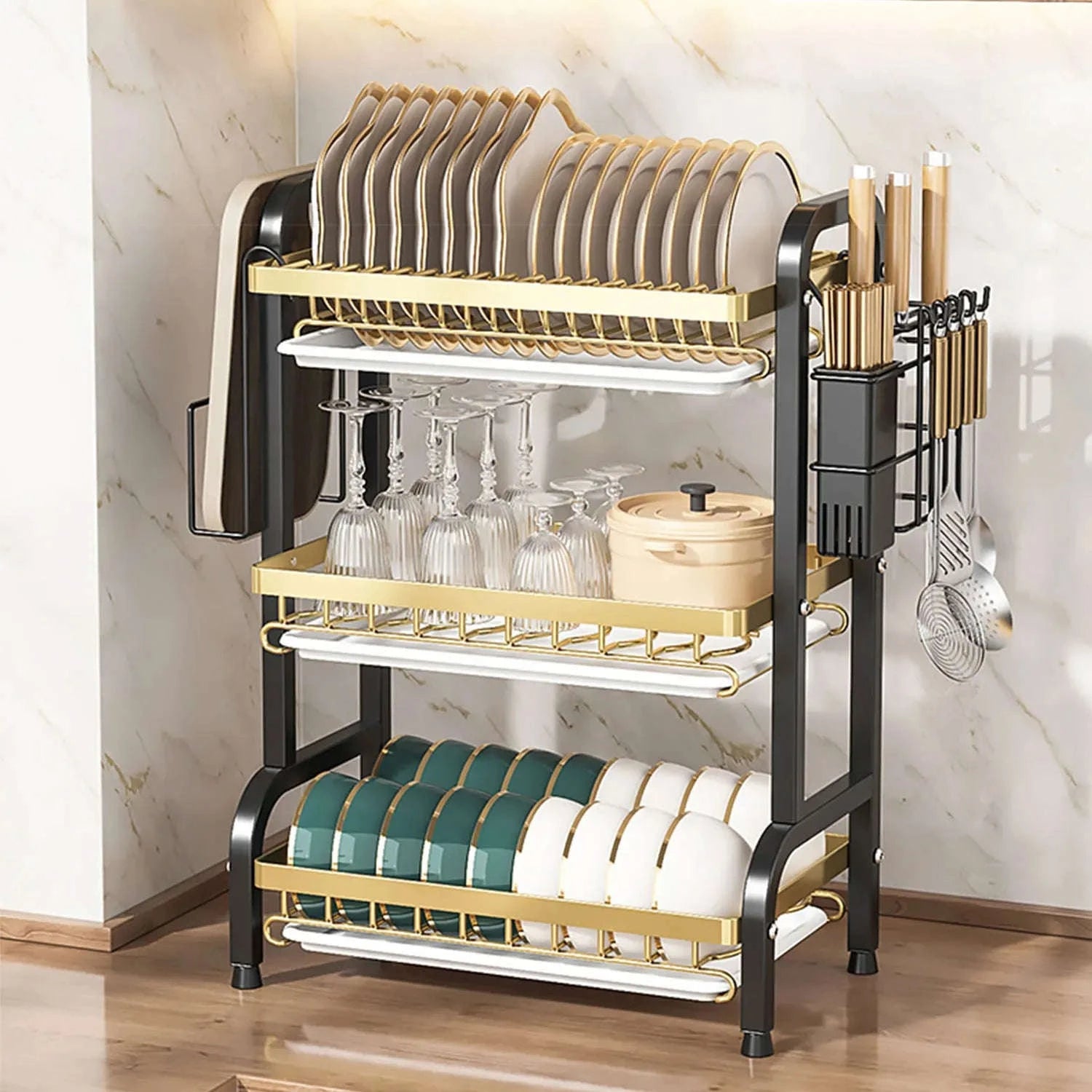 3-Tier Dish Drying Rack with Drainboard & Utensil Holders-black / france / 3-tier