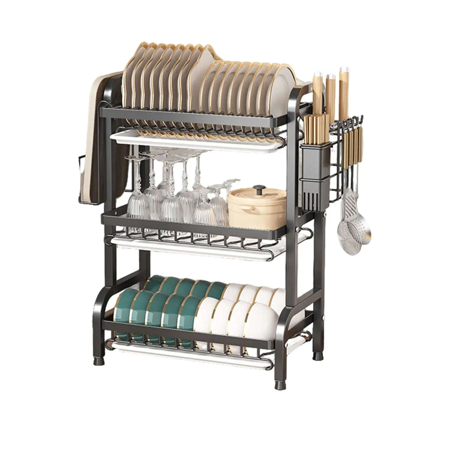 3-Tier Dish Drying Rack with Drainboard & Utensil Holders-black / france / 3-tier