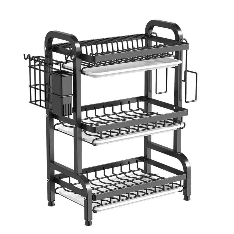 3-Tier Dish Drying Rack with Drainboard & Utensil Holders-black / france / 3-tier
