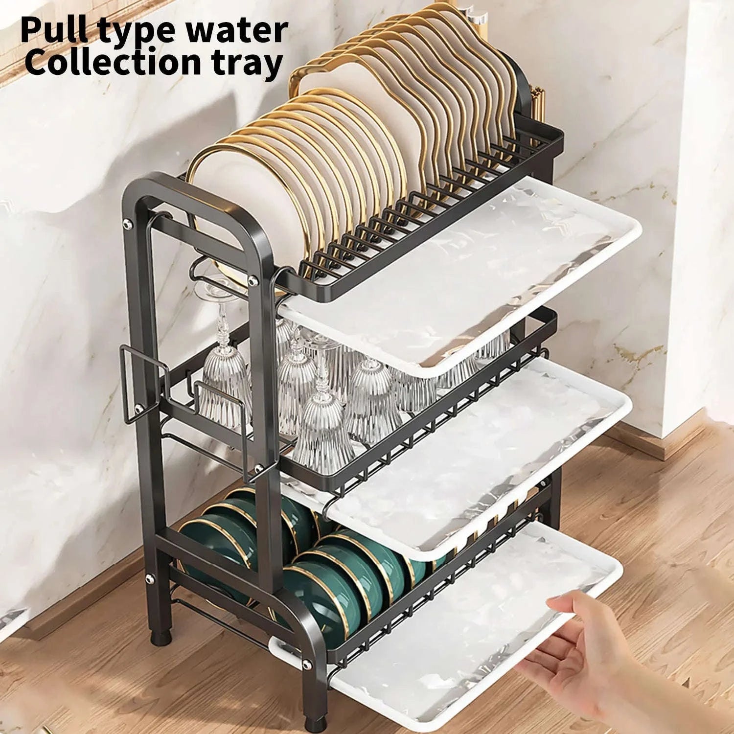 3-Tier Dish Drying Rack with Drainboard & Utensil Holders-black / france / 3-tier