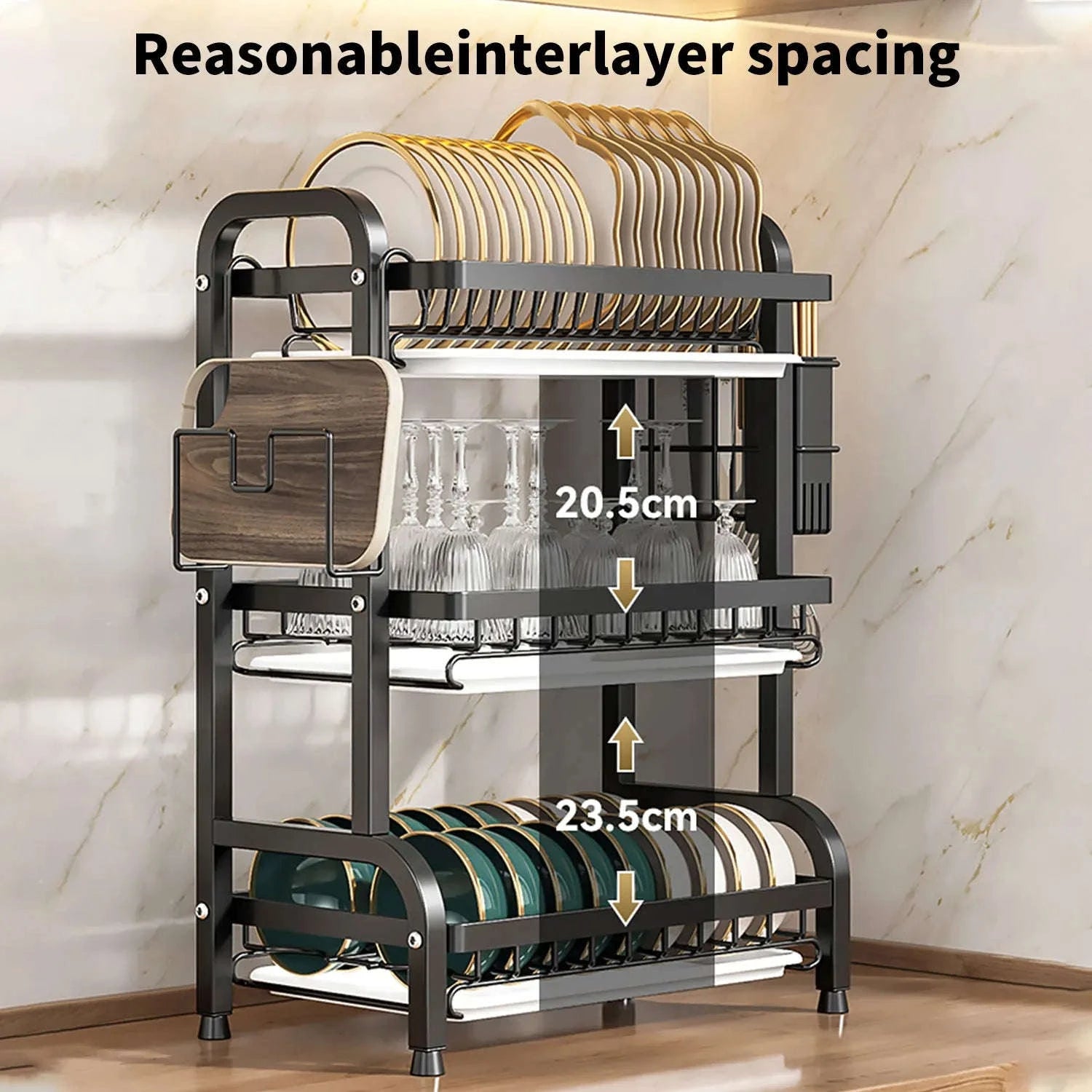 3-Tier Dish Drying Rack with Drainboard & Utensil Holders-black / france / 3-tier