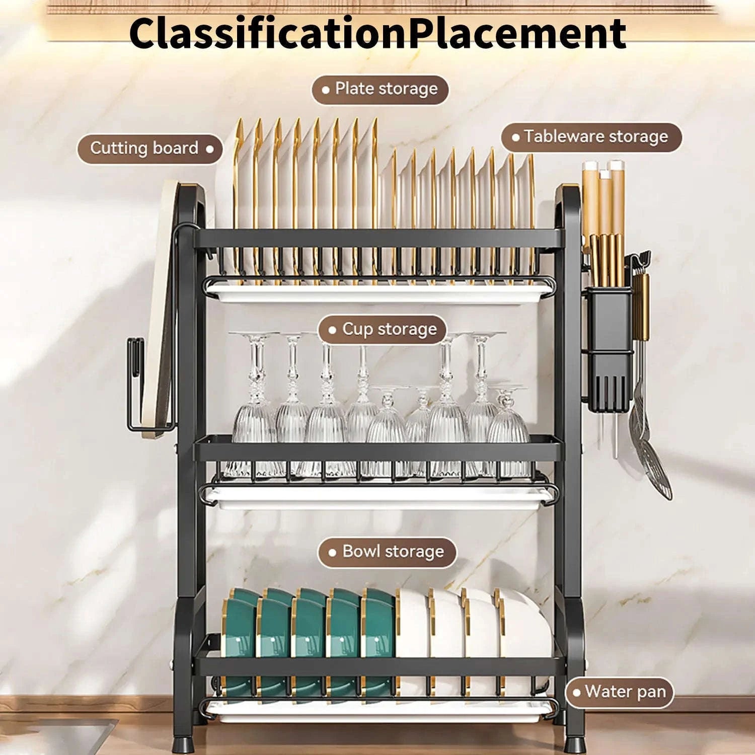 3-Tier Dish Drying Rack with Drainboard & Utensil Holders-black / france / 3-tier