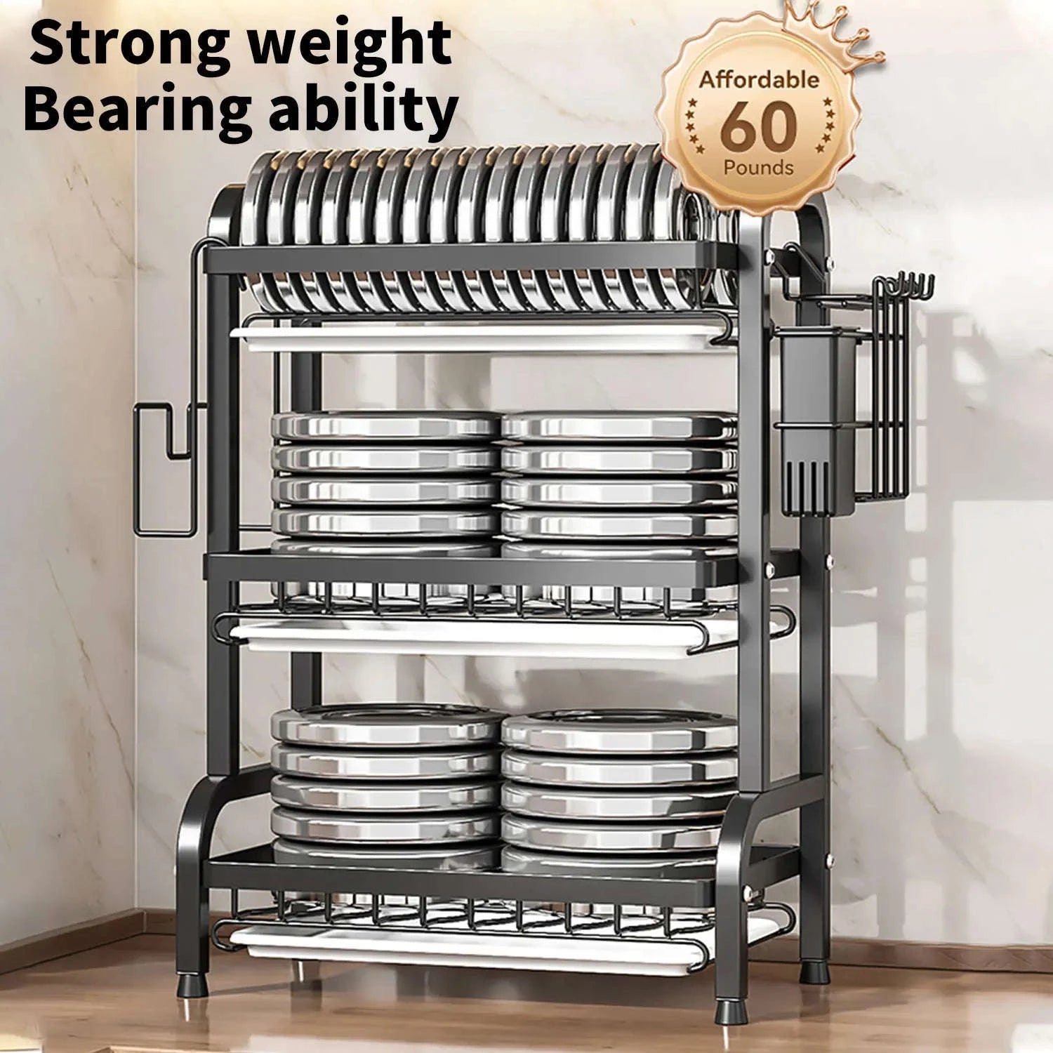 3-Tier Dish Drying Rack with Drainboard & Utensil Holders-black / france / 3-tier