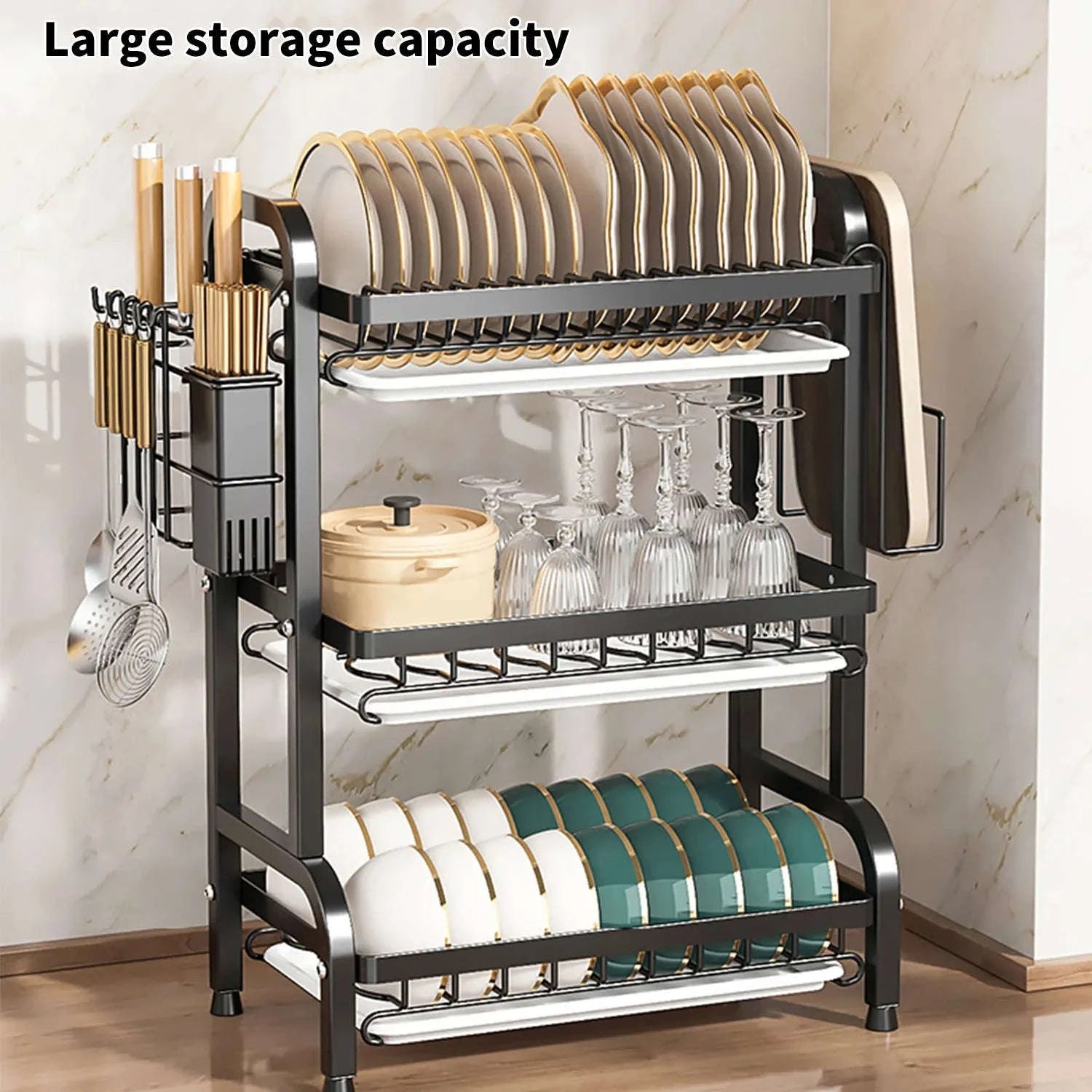 3-Tier Dish Drying Rack with Drainboard & Utensil Holders-black / france / 3-tier