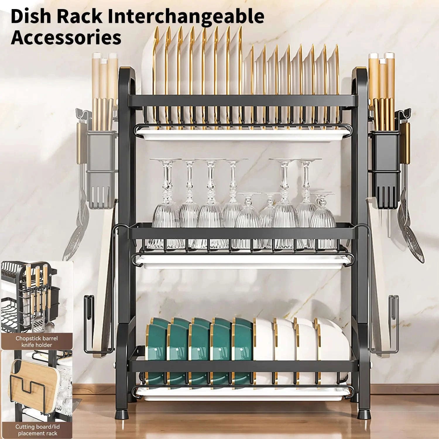3-Tier Dish Drying Rack with Drainboard & Utensil Holders-black / france / 3-tier