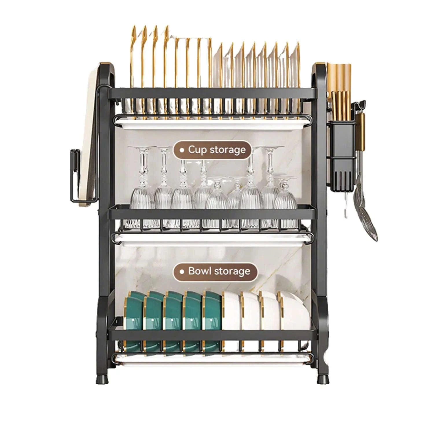 3-Tier Dish Drying Rack with Drainboard & Utensil Holders-black / france / 3-tier