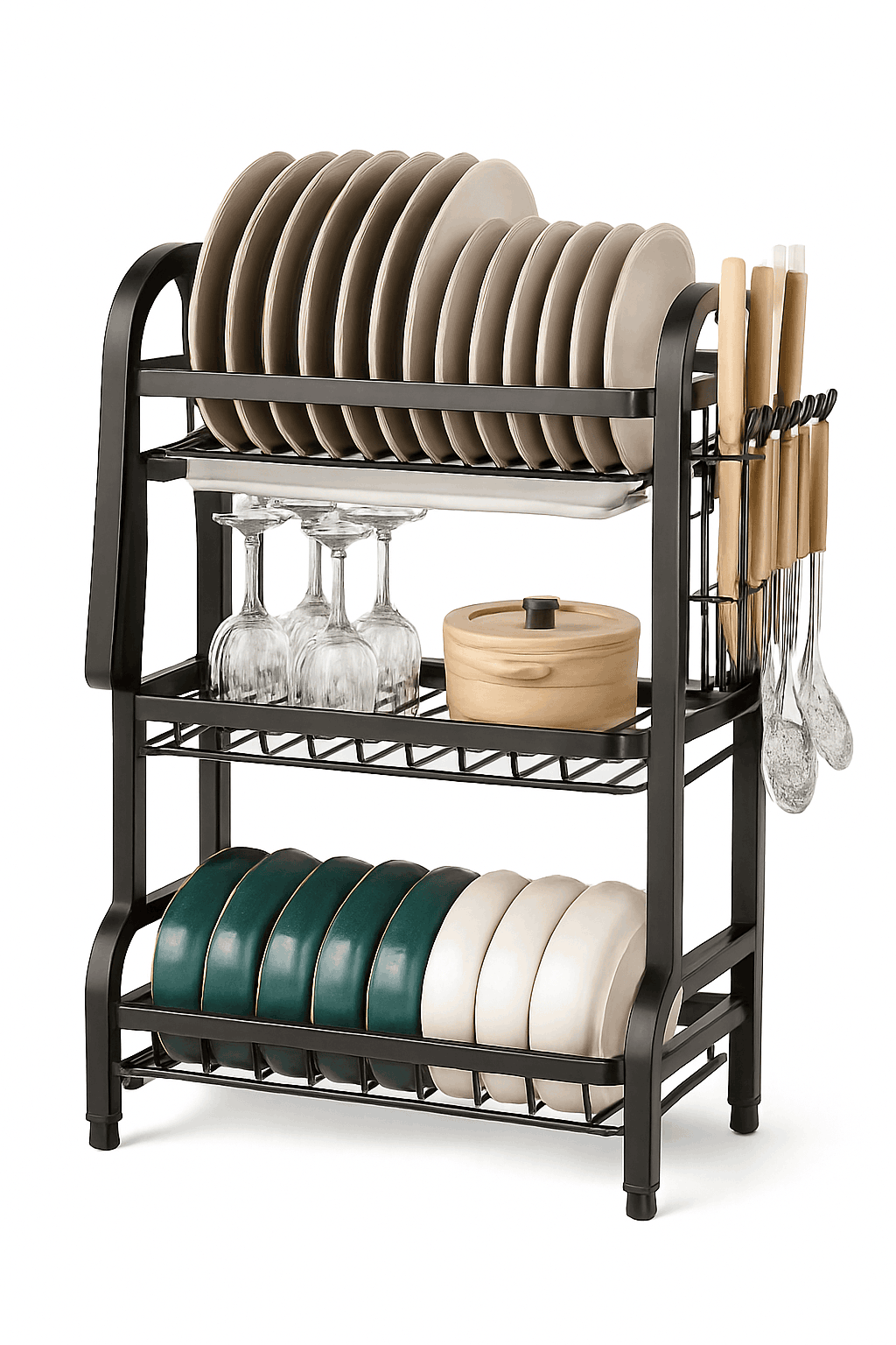 3-Tier Dish Drying Rack with Drainboard & Utensil Holders-black / france / 3-tier
