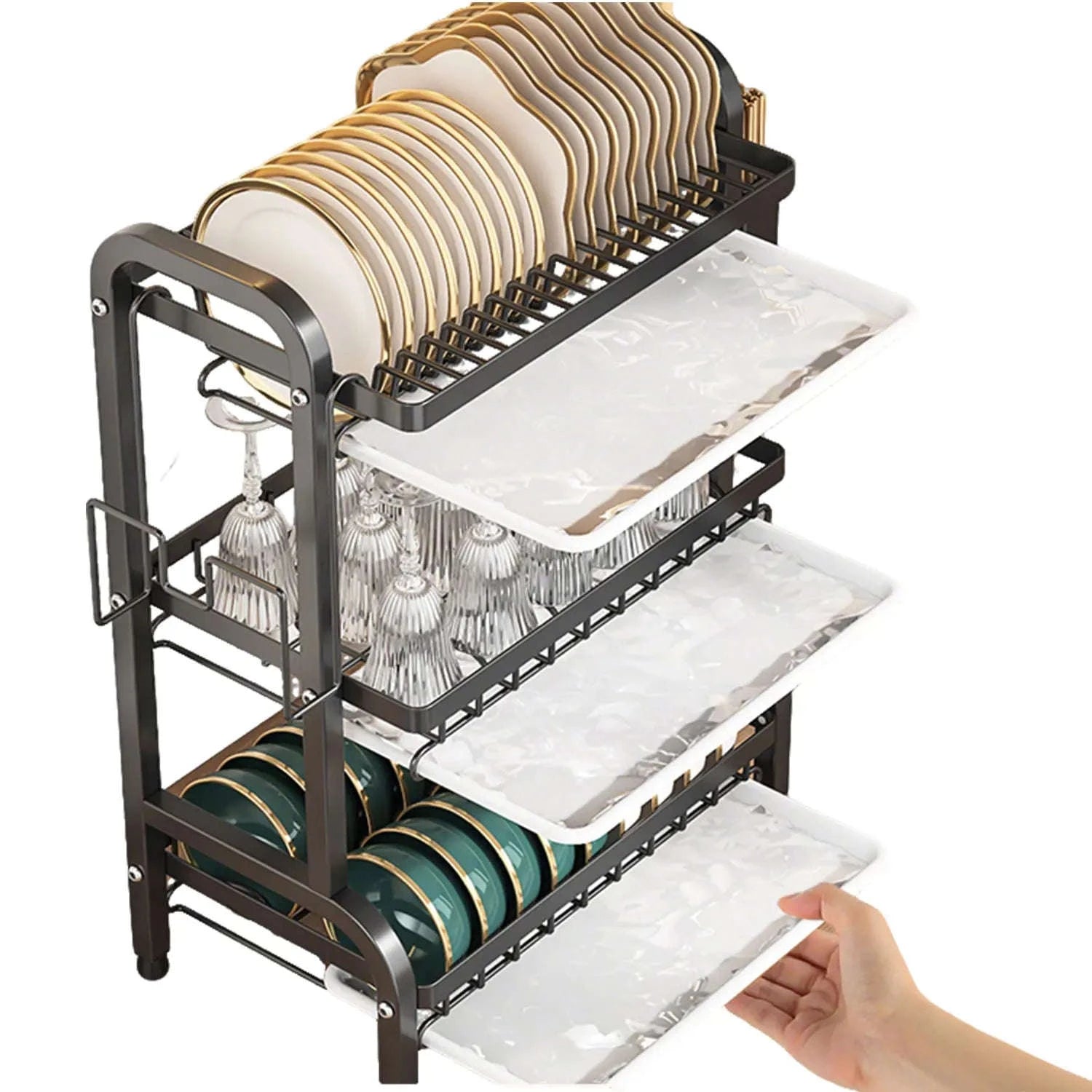 3-Tier Dish Drying Rack with Drainboard & Utensil Holders-black / france / 3-tier