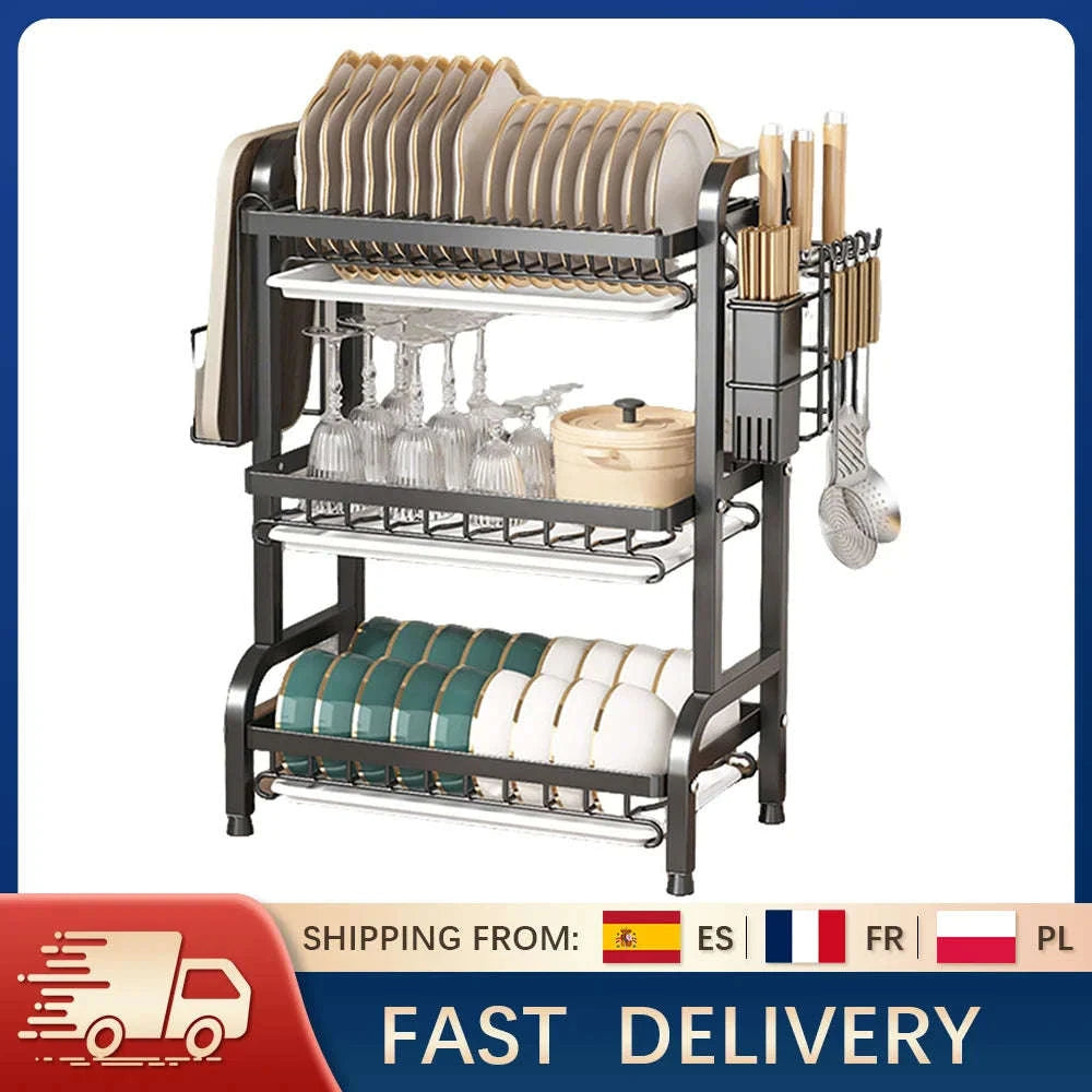 3-Tier Dish Drying Rack with Drainboard & Utensil Holders-black / france / 3-tier