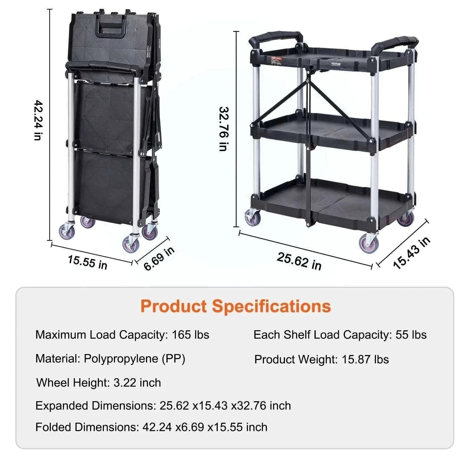 3-Tier Folding Rolling Utility Cart with Wheels, 165lb Capacity-3 layers 15.87lbs / United States