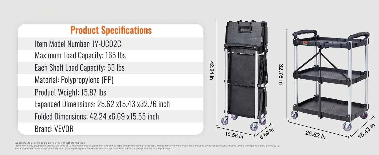 3-Tier Folding Rolling Utility Cart with Wheels, 165lb Capacity-3 layers 15.87lbs / United States