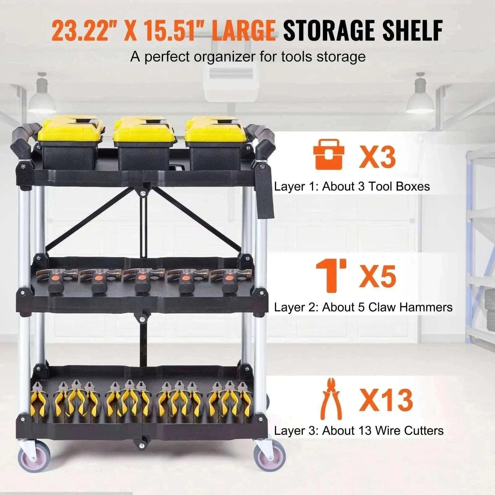 3-Tier Folding Rolling Utility Cart with Wheels, 165lb Capacity-3 layers 15.87lbs / United States