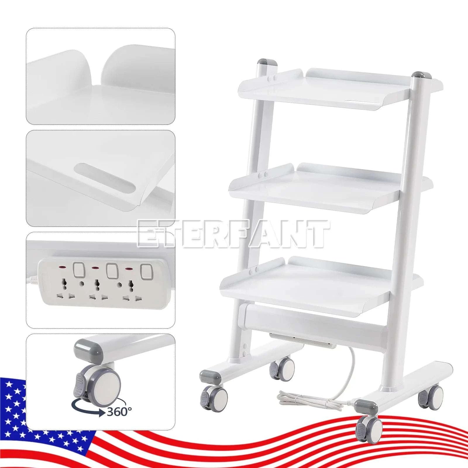 3-Tier Medical Rolling Cart with Power Outlet Stainless Steel-3 Tiers / United States