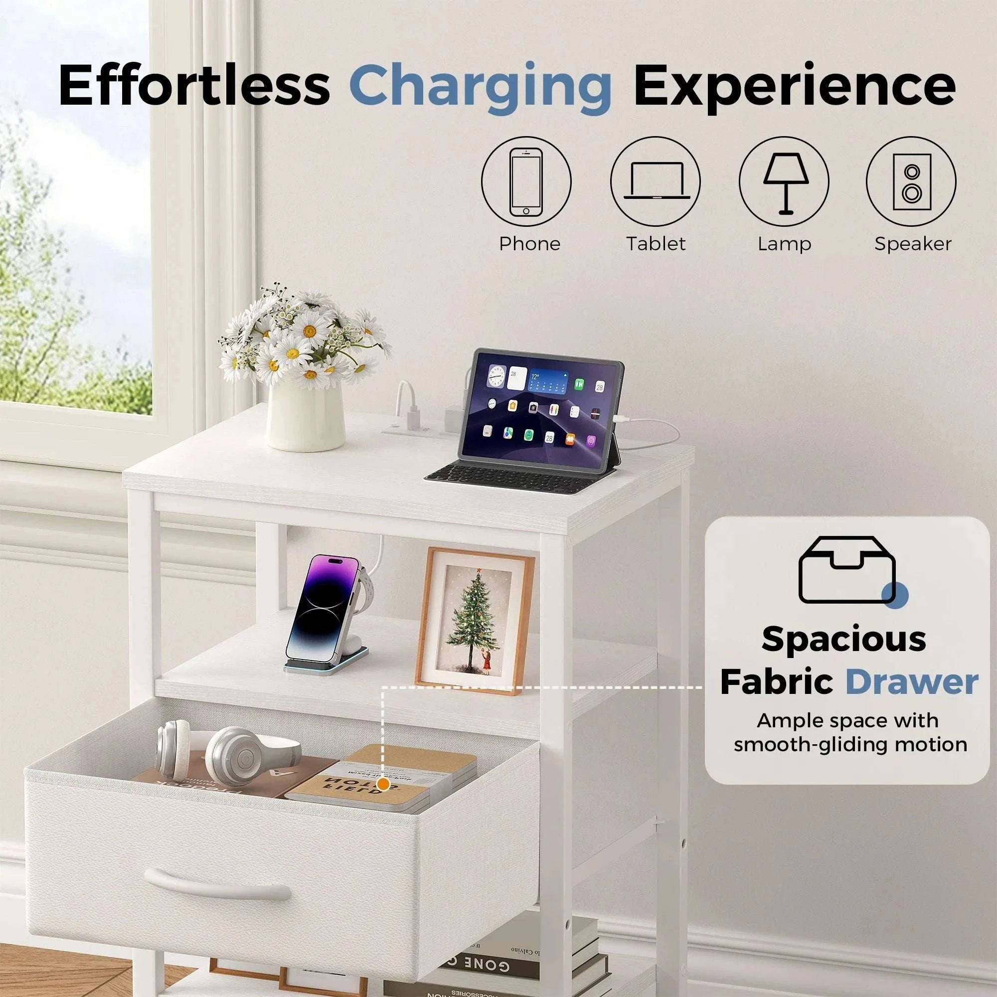 3-Tier Nightstand Set of 2 with Charging Station and Storage Drawers-black / United States