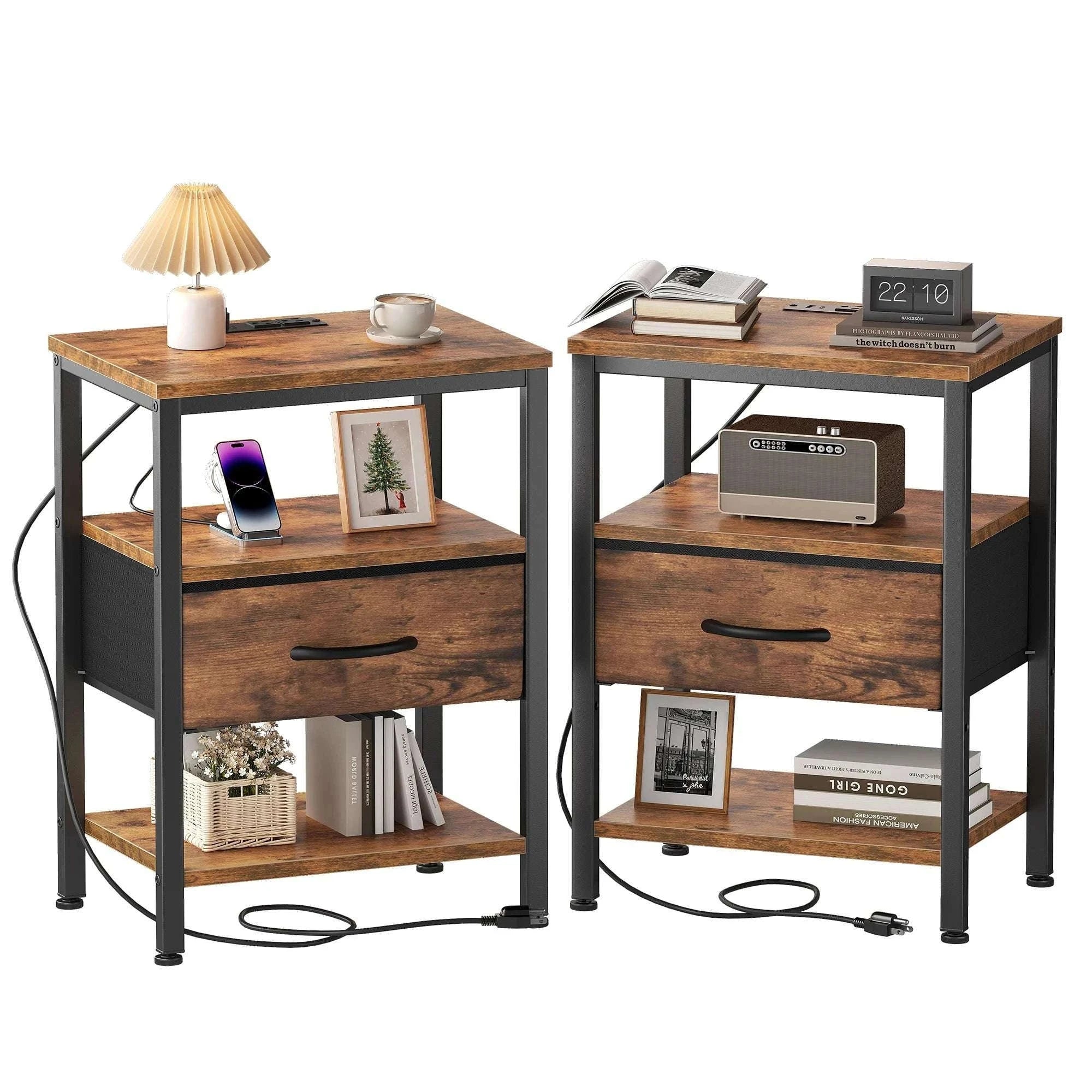 3-Tier Nightstand Set of 2 with Charging Station and Storage Drawers-black / United States