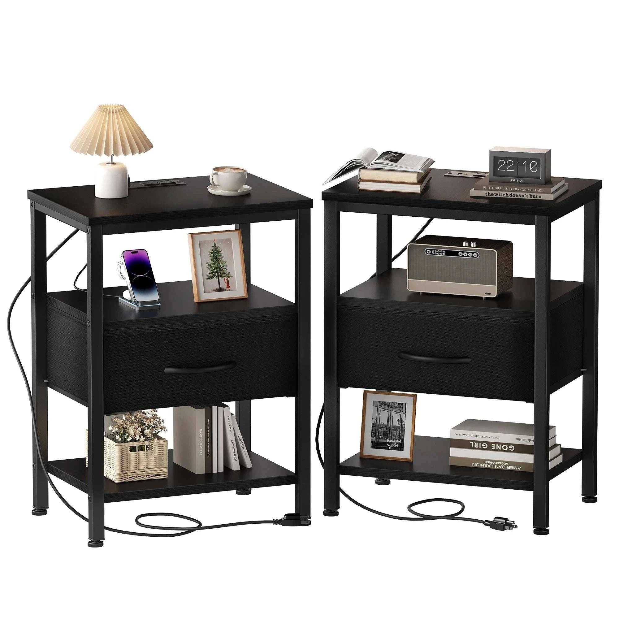 3-Tier Nightstand Set of 2 with Charging Station and Storage Drawers-black / United States