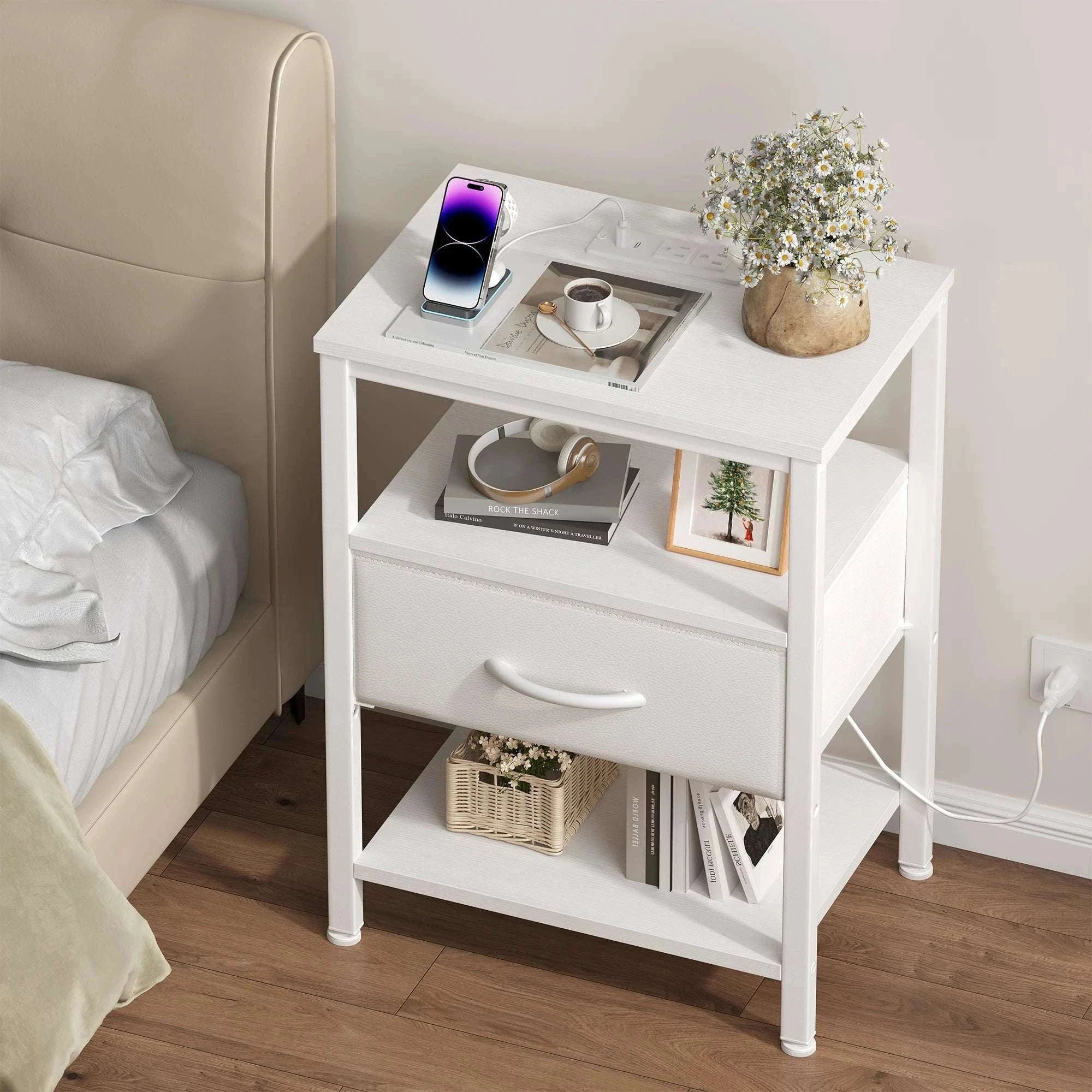 3-Tier Nightstand Set of 2 with Charging Station and Storage Drawers-black / United States