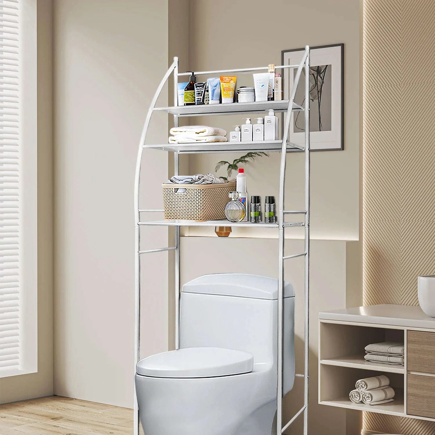 3-Tier Over Toilet Storage Rack Space-Saving Metal Organizer Shelf-WHITE / france