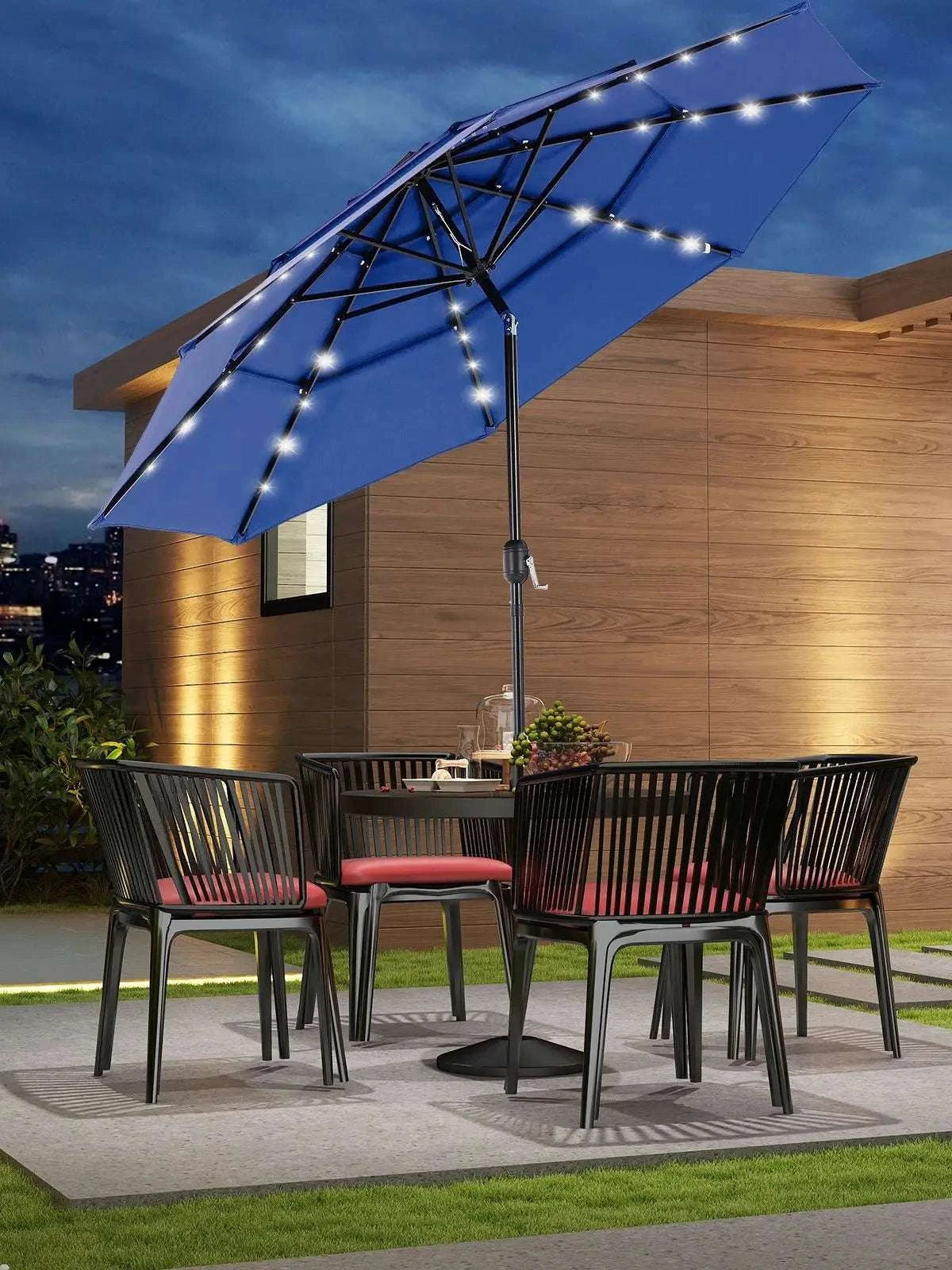 3-Tier Patio Umbrella with 32 LED Solar Lights & Tilt System-BLUE / United States