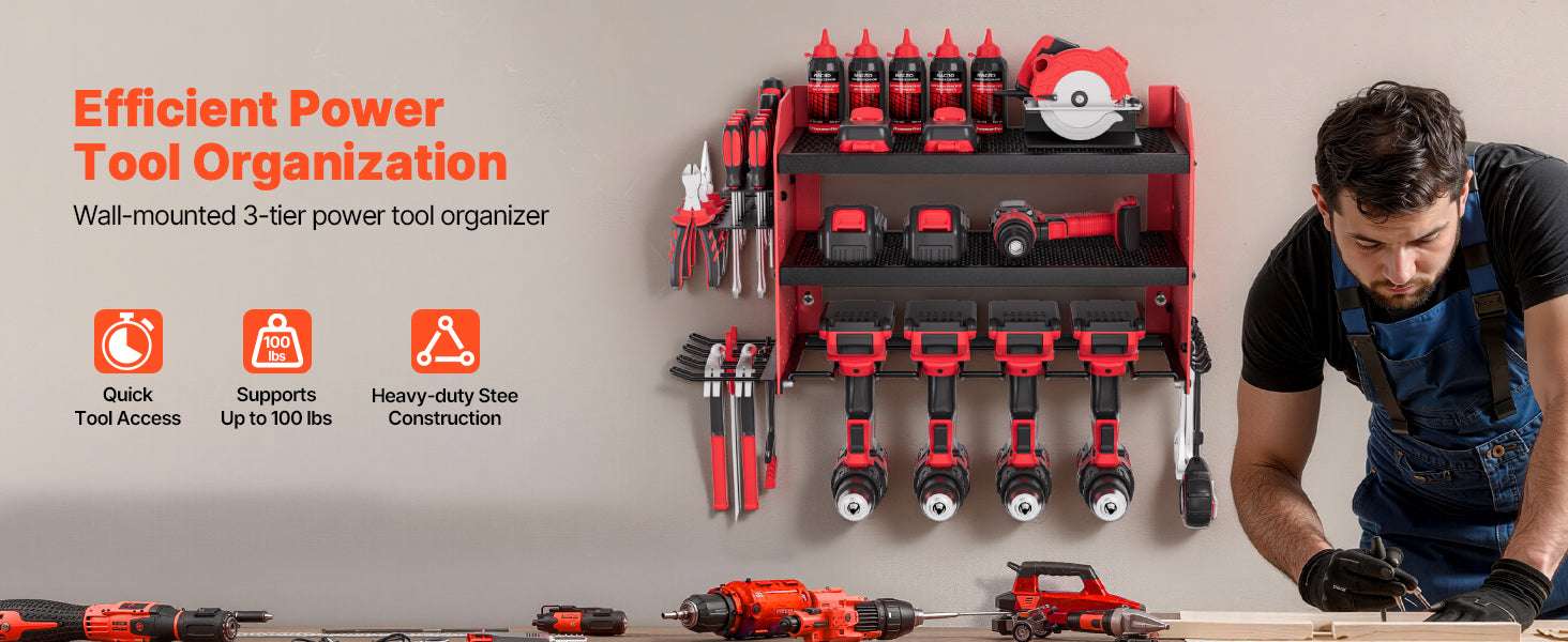 3-Tier Power Tool Organizer Wall Mount Rack with Drill Storage-3 Tiers / United States
