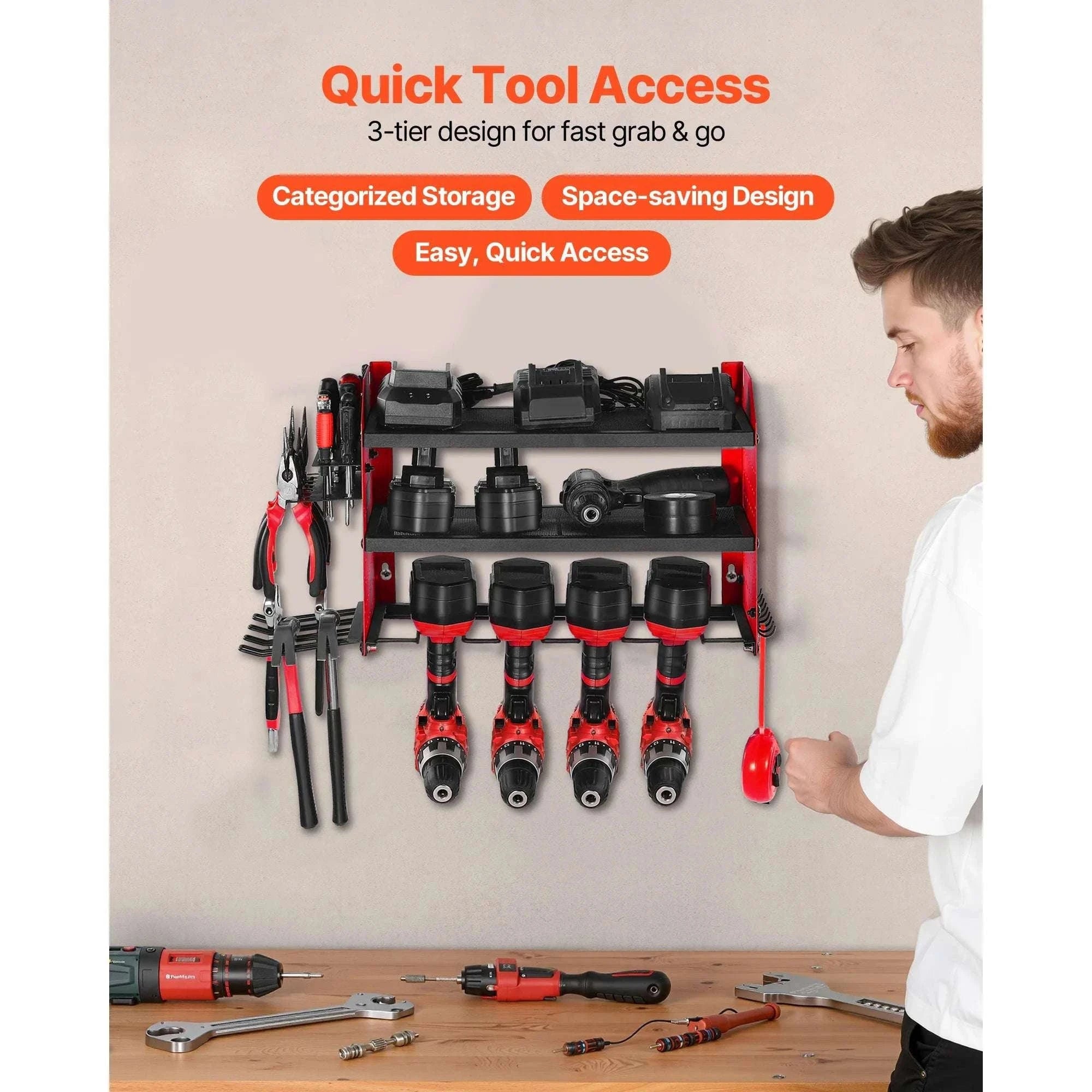 3-Tier Power Tool Organizer Wall Mount Rack with Drill Storage-3 Tiers / United States