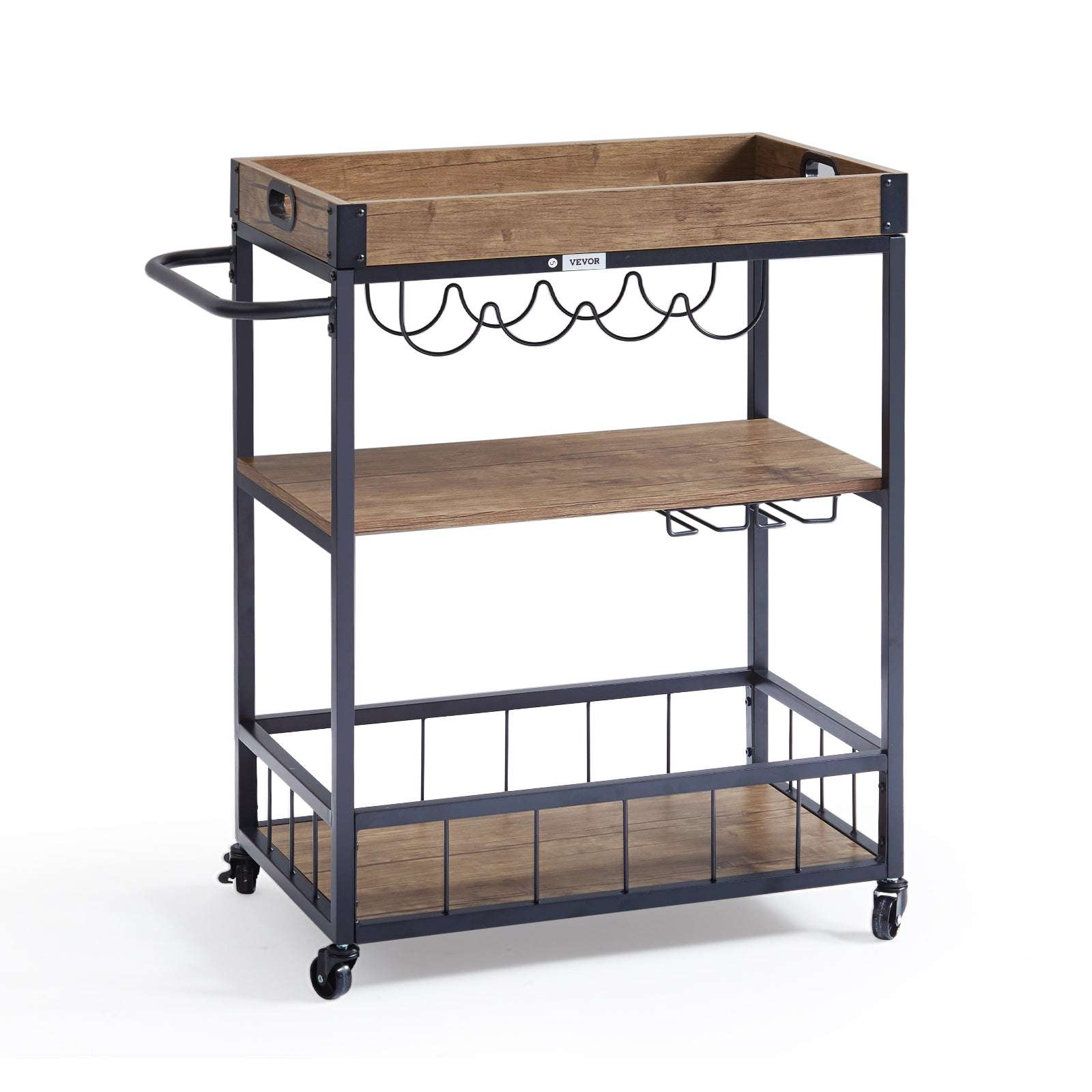 3-Tier Rolling Bar Cart with Wine Rack & Glass Holder-300lbs Load Capacity / United States