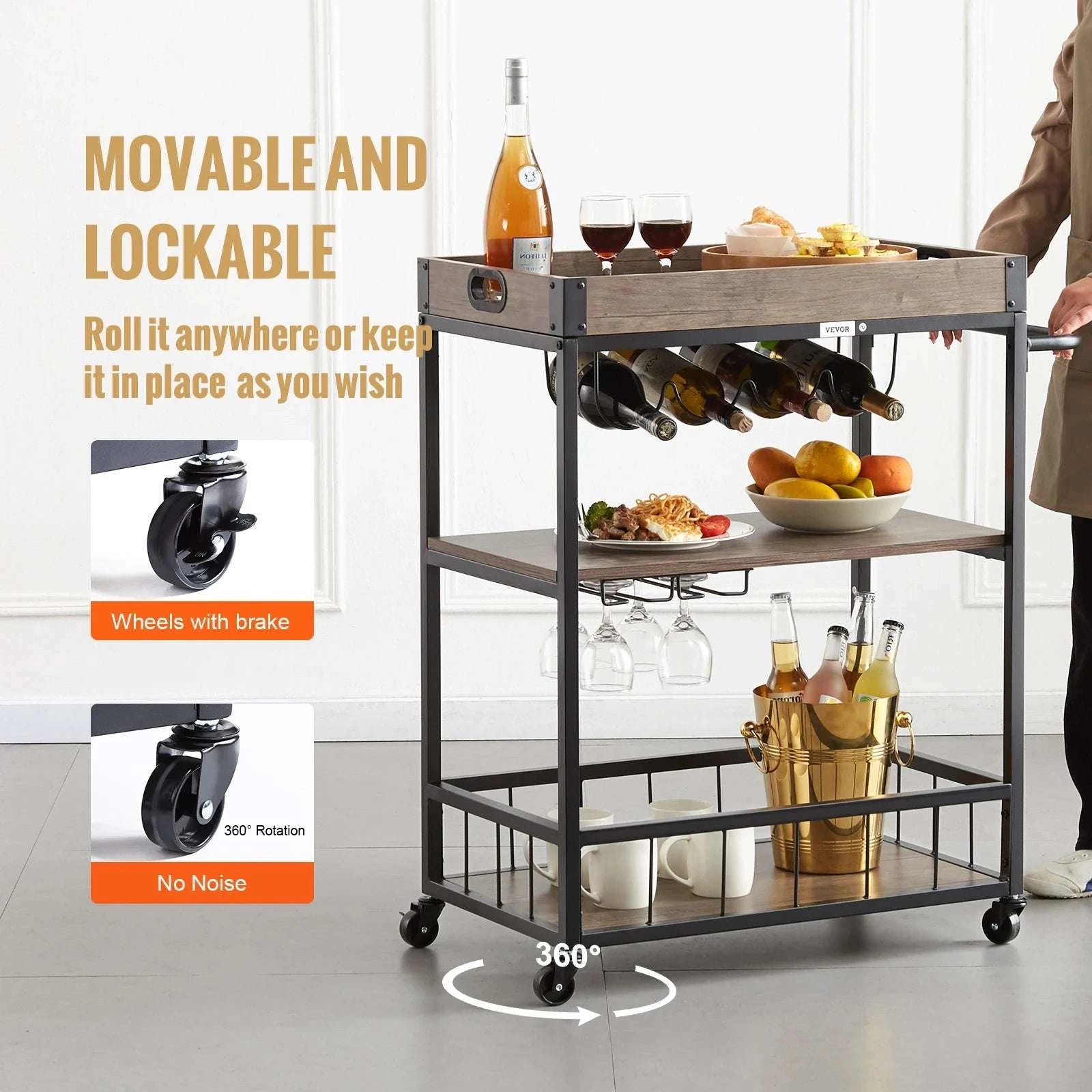 3-Tier Rolling Bar Cart with Wine Rack & Glass Holder-300lbs Load Capacity / United States