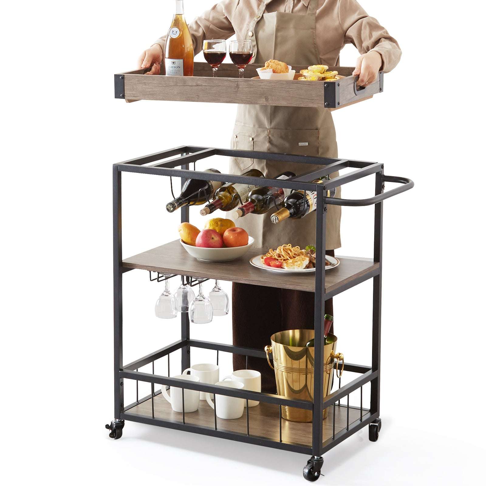 3-Tier Rolling Bar Cart with Wine Rack & Glass Holder-300lbs Load Capacity / United States