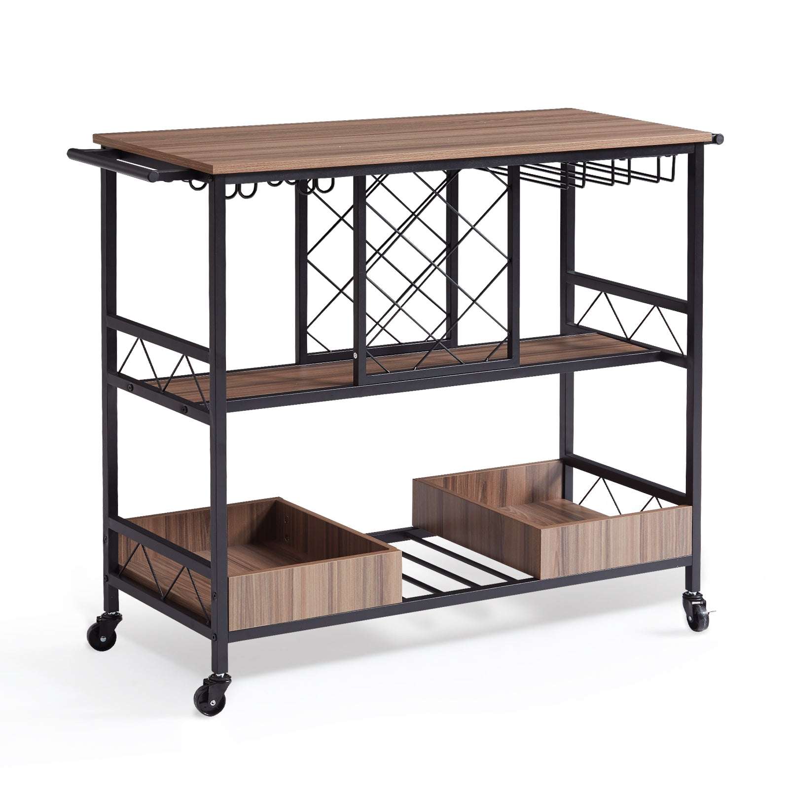 3-Tier Rolling Bar Cart with Wine Rack & Glass Holder-300lbs Load Capacity / United States