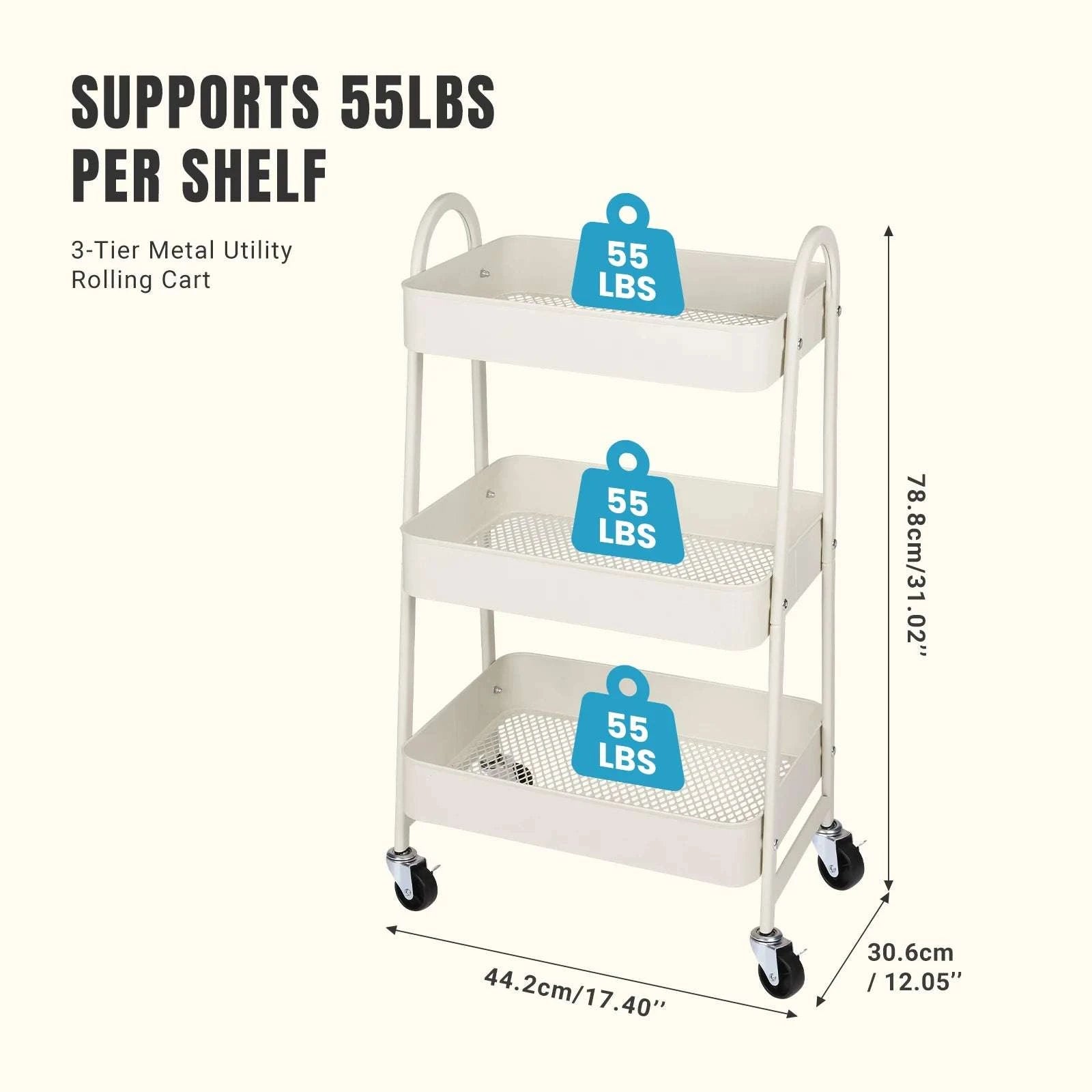 3-Tier Rolling Storage Cart with Lockable Wheels for Small Spaces-