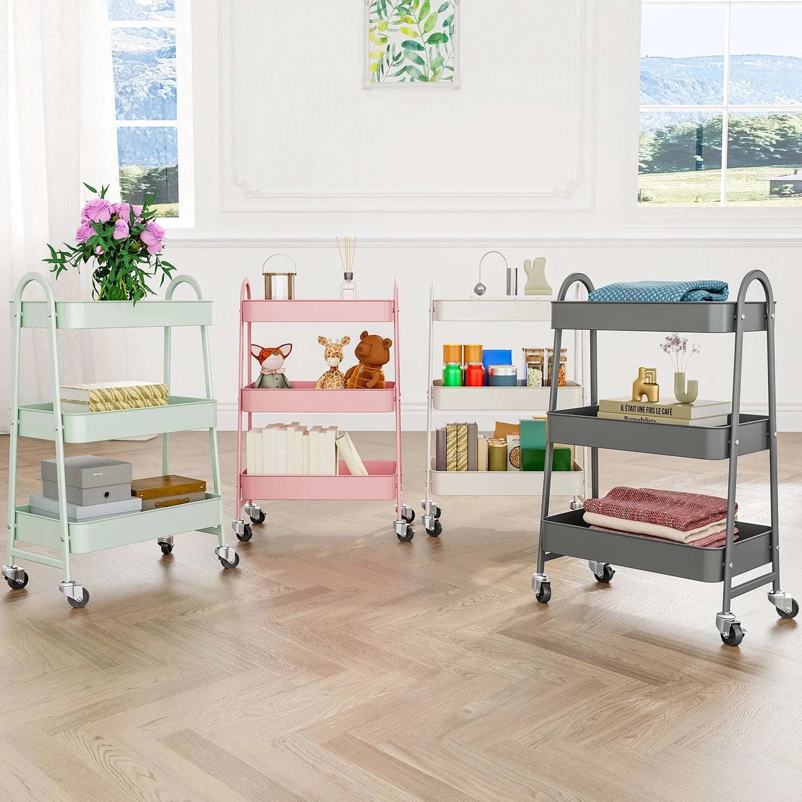 3-Tier Rolling Storage Cart with Lockable Wheels for Small Spaces-