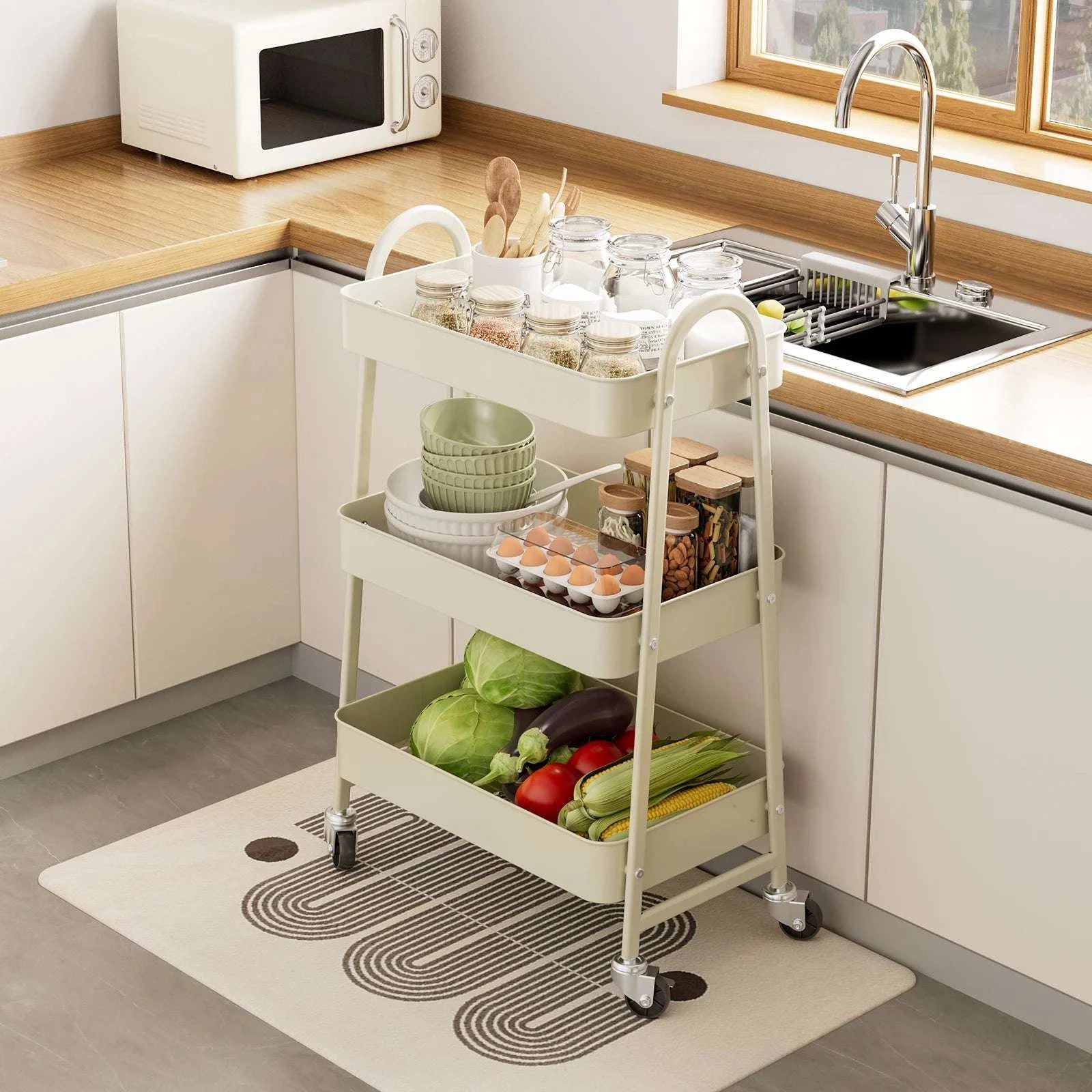 3-Tier Rolling Storage Cart with Lockable Wheels for Small Spaces-