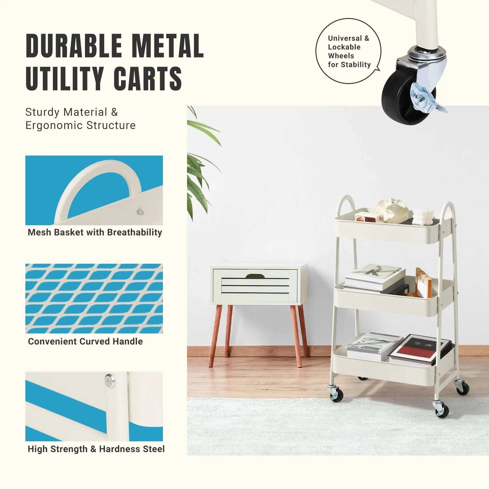 3-Tier Rolling Storage Cart with Lockable Wheels for Small Spaces-