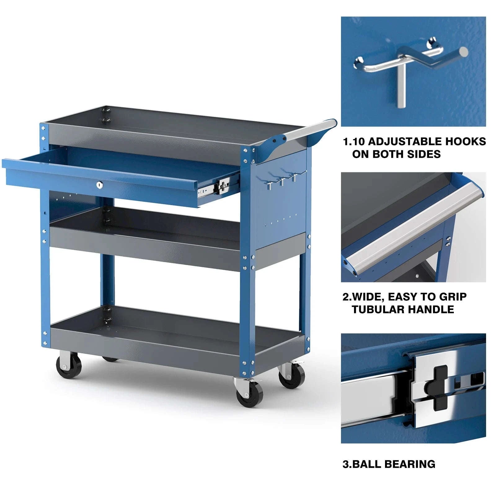 3-Tier Rolling Tool Cart with Pegboard-15 black / Germany