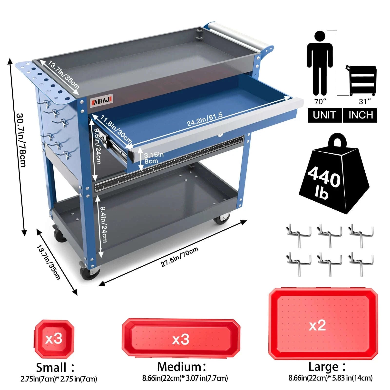 3-Tier Rolling Tool Cart with Pegboard-15 black / Germany