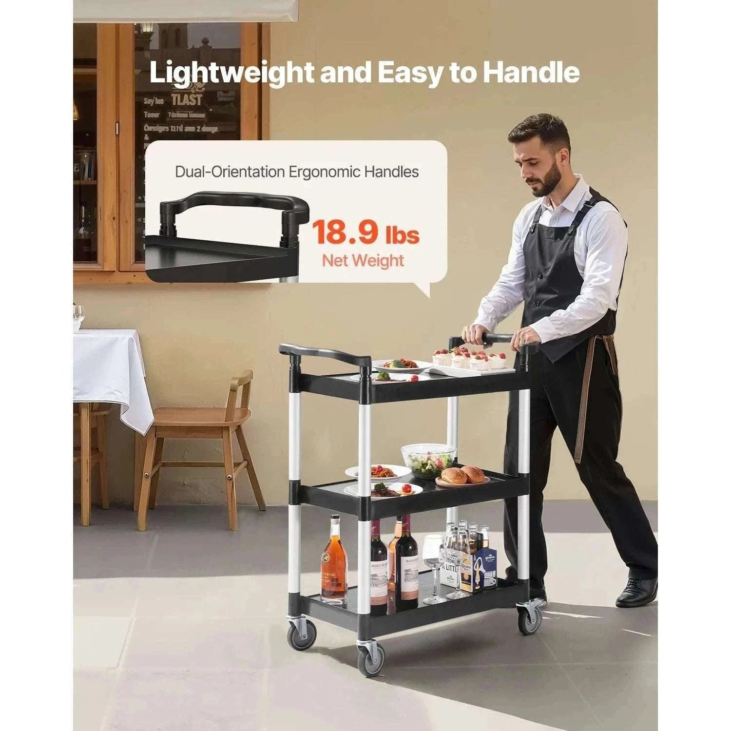 3-Tier Rolling Utility Cart with Wheels, Heavy-Duty Storage Trolley-300 lbs / spain
