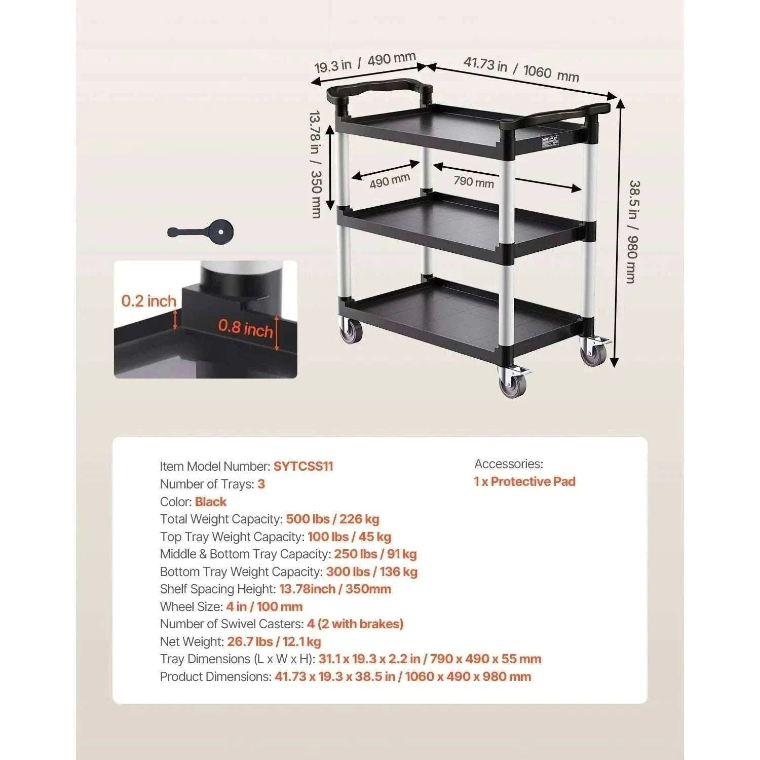 3-Tier Rolling Utility Cart with Wheels, Heavy-Duty Storage Trolley-300 lbs / spain