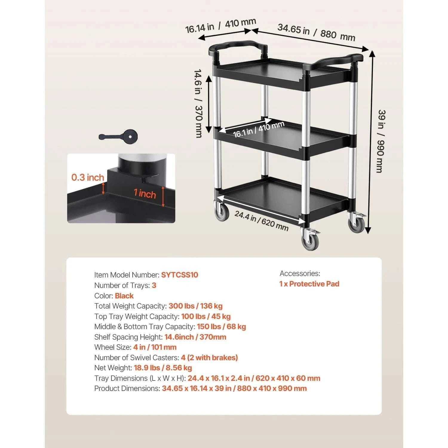 3-Tier Rolling Utility Cart with Wheels, Heavy-Duty Storage Trolley-300 lbs / spain