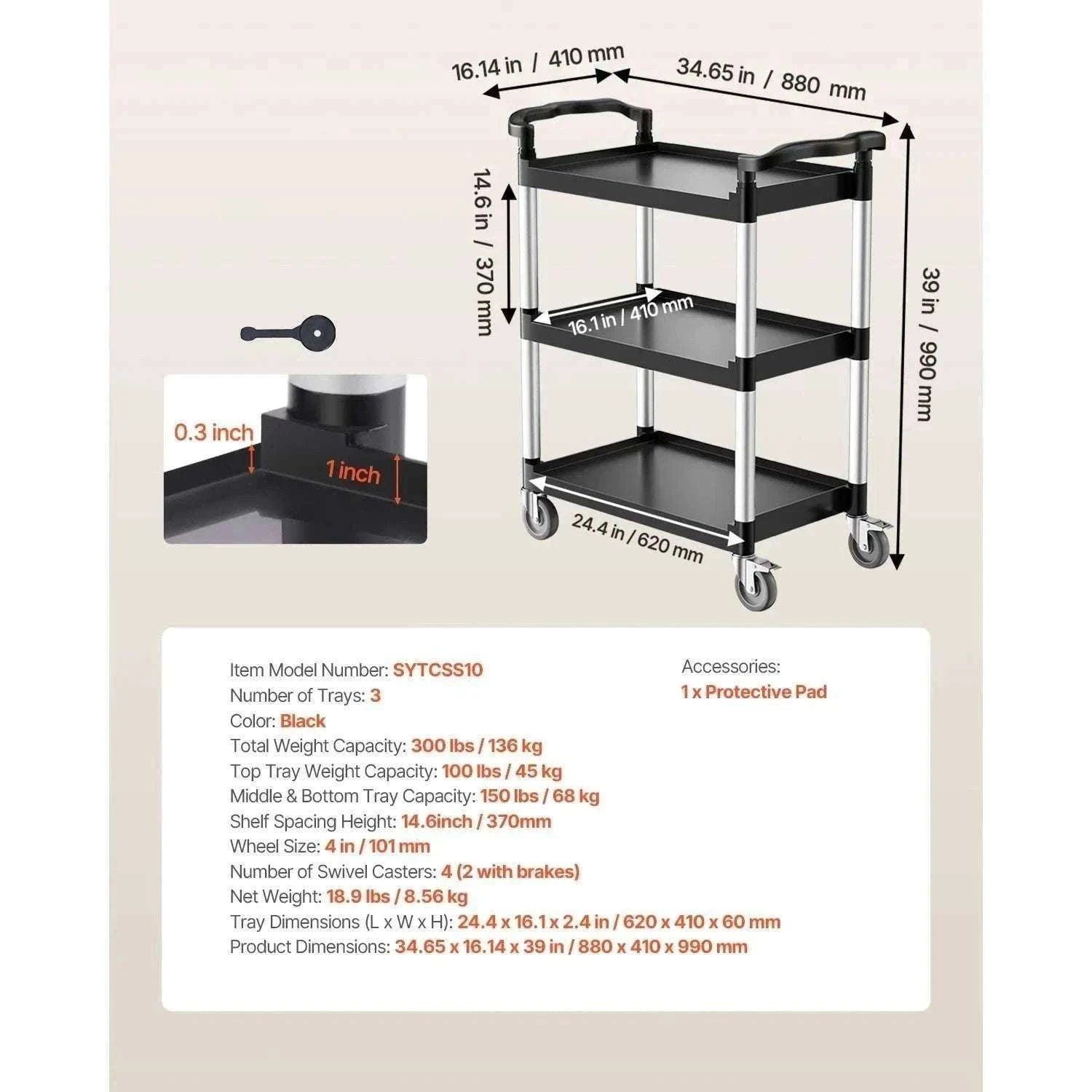 3-Tier Rolling Utility Cart with Wheels, Heavy-Duty Storage Trolley-300 lbs / spain