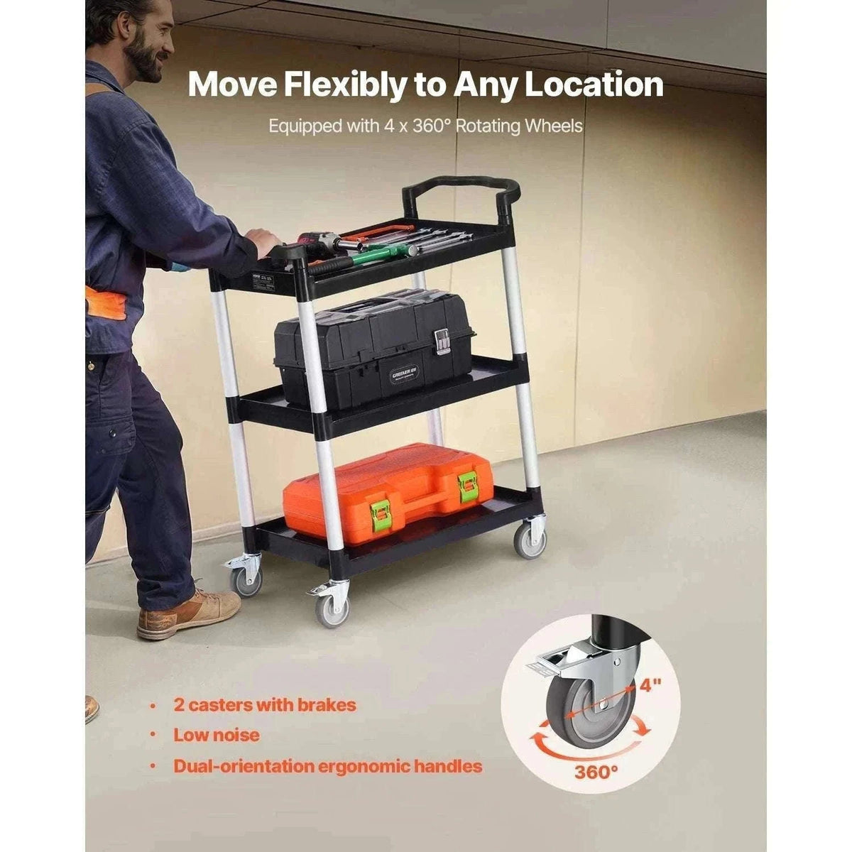 3-Tier Rolling Utility Cart with Wheels, Heavy-Duty Storage Trolley-300 lbs / spain