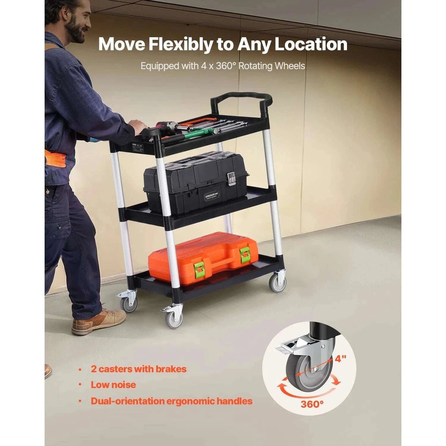 3-Tier Rolling Utility Cart with Wheels, Heavy-Duty Storage Trolley-