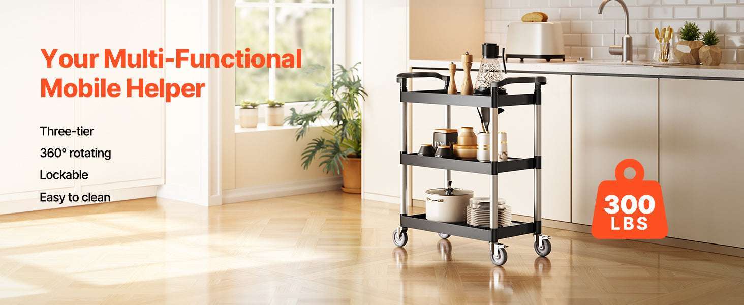 3-Tier Rolling Utility Cart with Wheels, Heavy-Duty Storage Trolley-