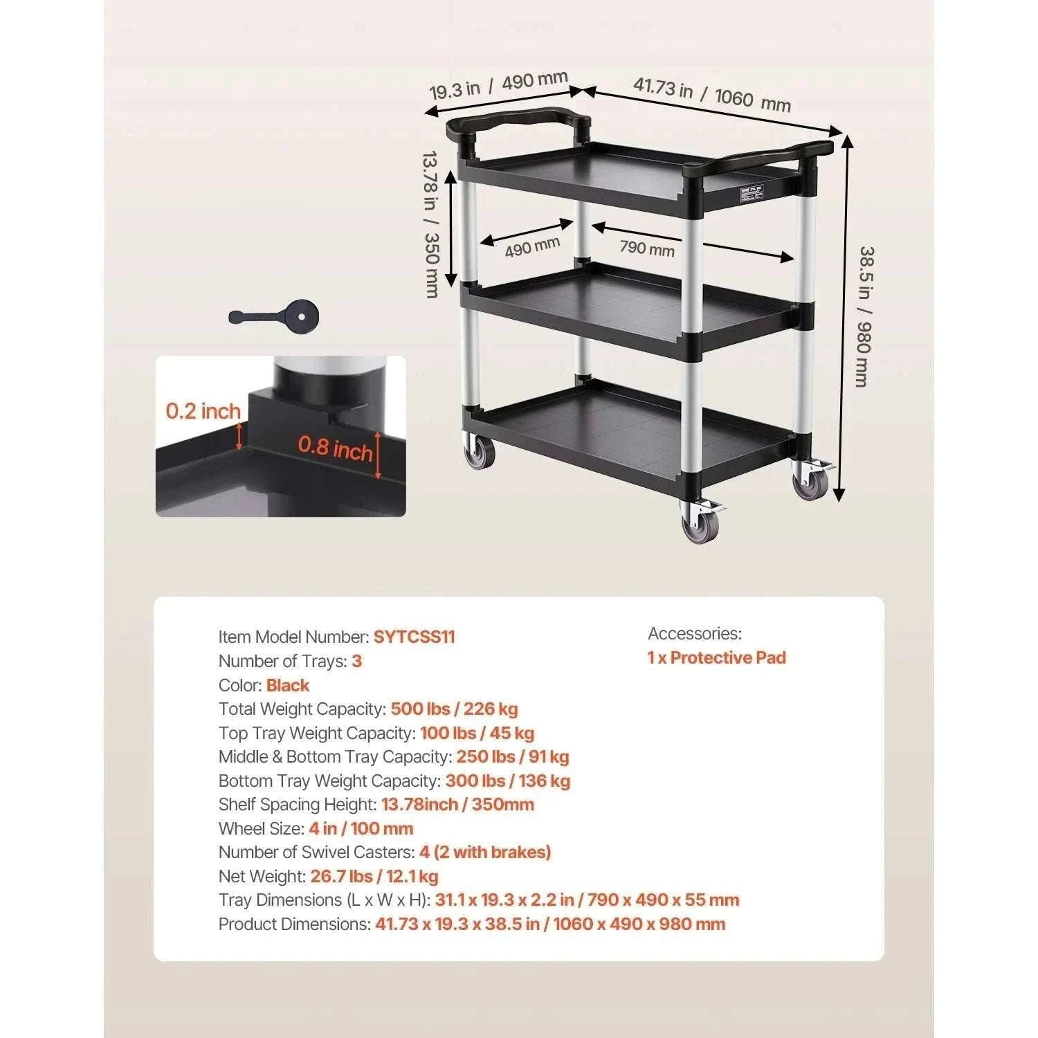 3-Tier Rolling Utility Cart with Wheels, Heavy-Duty Storage Trolley-